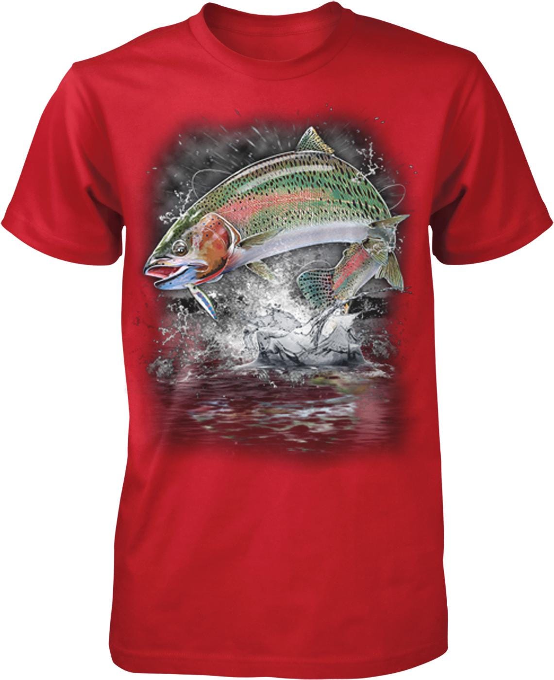 A red t-shirt with a graphic design depicting a fish jumping out of the water, surrounded by splashing water and a dark background.