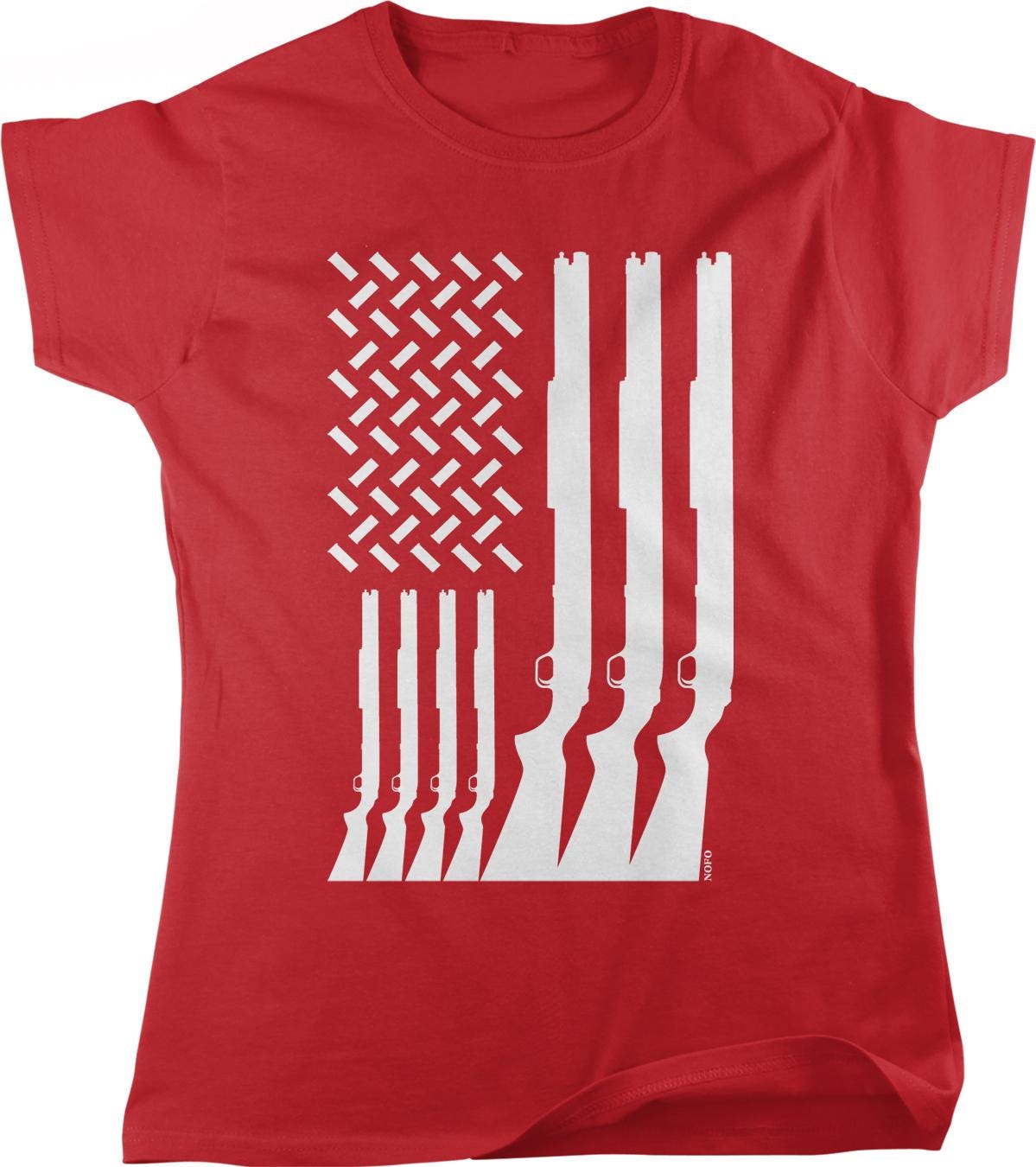 A red t-shirt with a graphic design depicting a flag and multiple rifle silhouettes.
