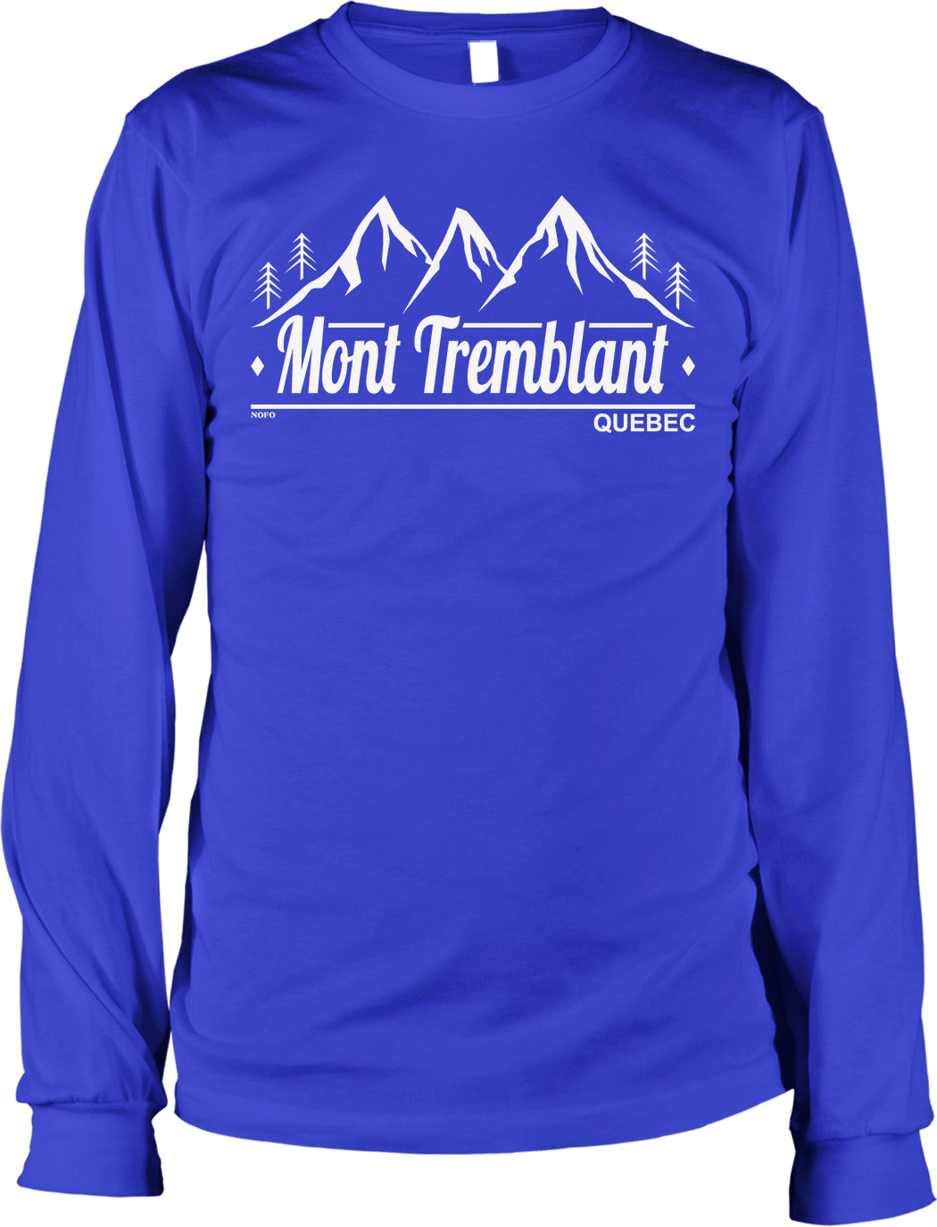A long-sleeved blue t-shirt with white text and graphics printed on it.