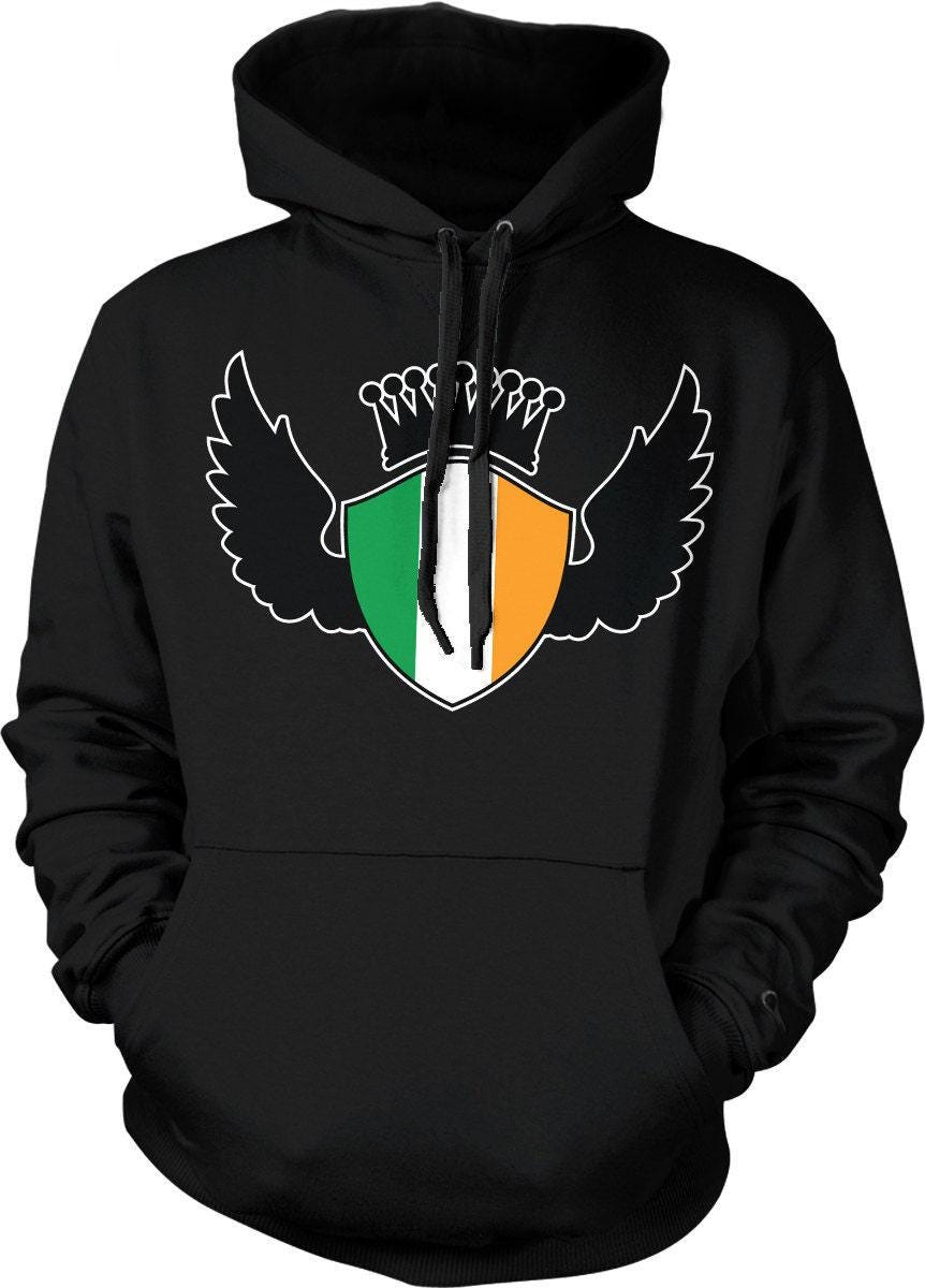 Irish Shield Hoodie - St Patrick's Day Hoodie With Wings Graphic & Pouch Pocket