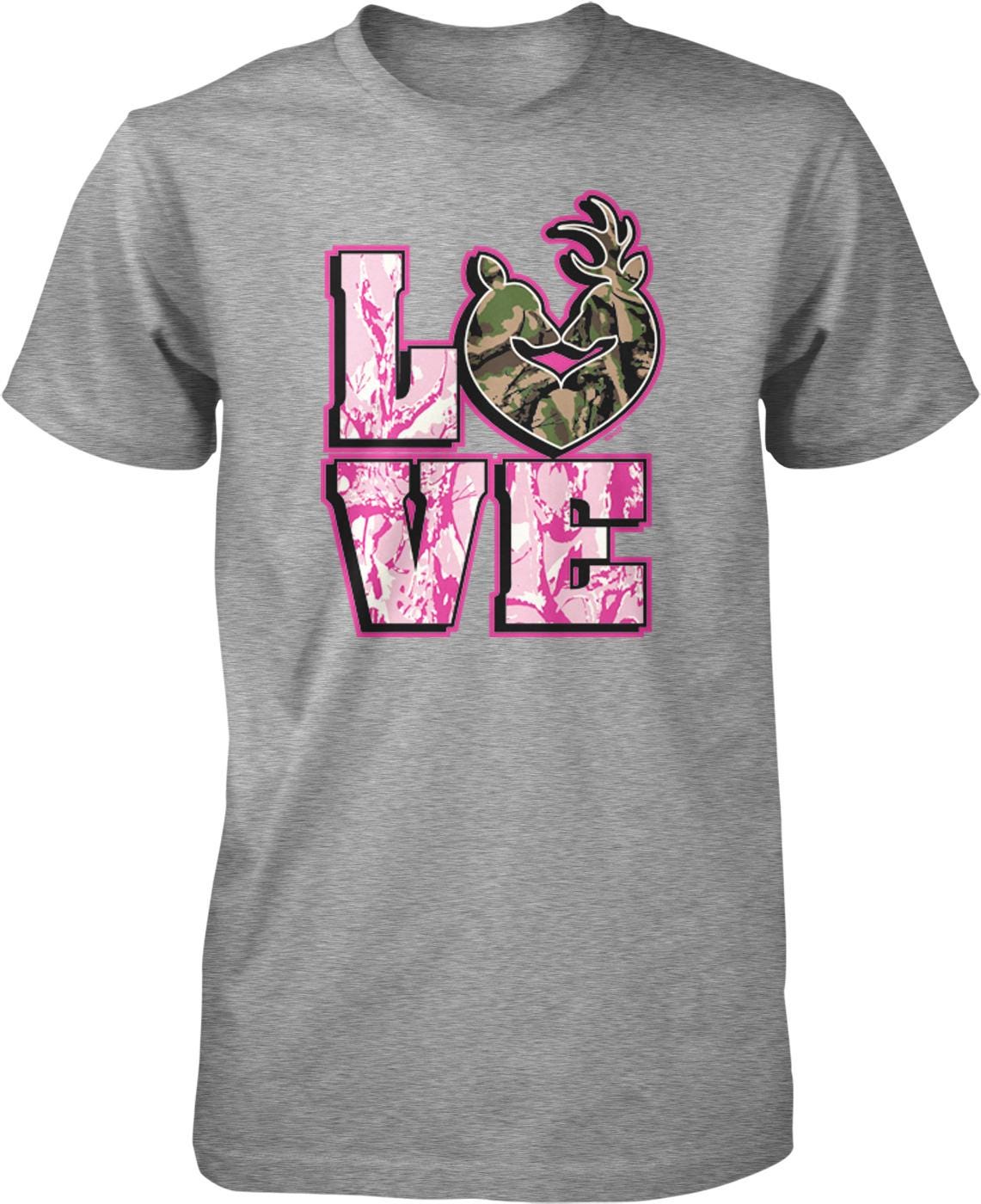 A gray t-shirt with a graphic design featuring the word "LOVE" in pink and green colors, with a camouflage-like shape above the letters.