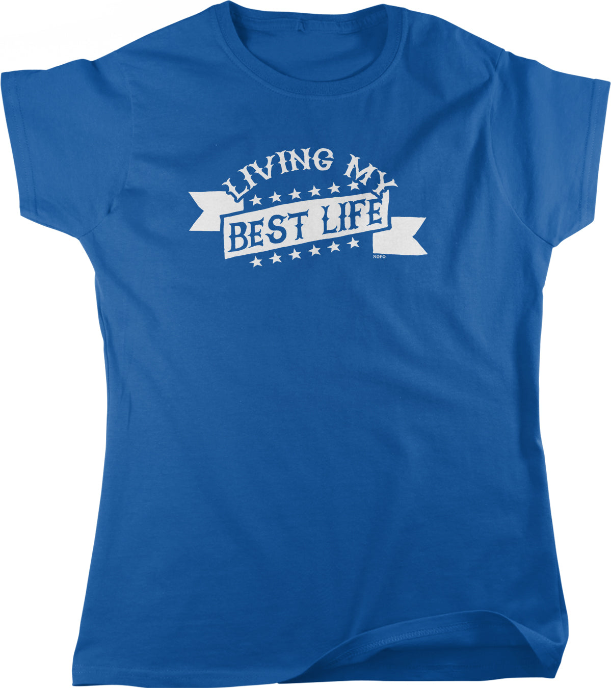 A blue t-shirt with the text "LIVING MY BEST LIFE" printed on it.