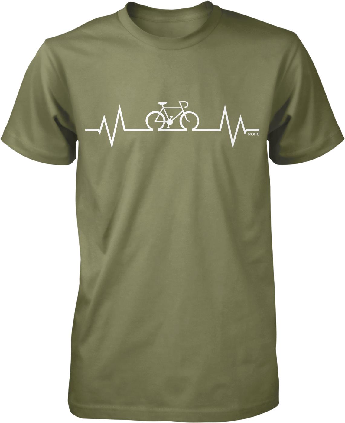 A green t-shirt with a white graphic design depicting a bicycle and a line graph or ECG-like line representing a person's heart rate.