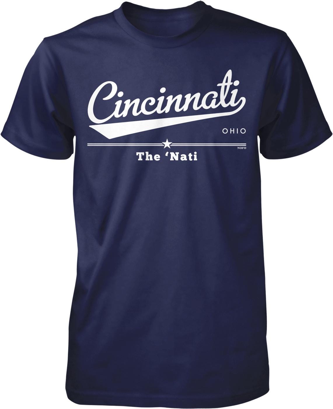 A navy blue t-shirt with white text and graphics printed on it.
