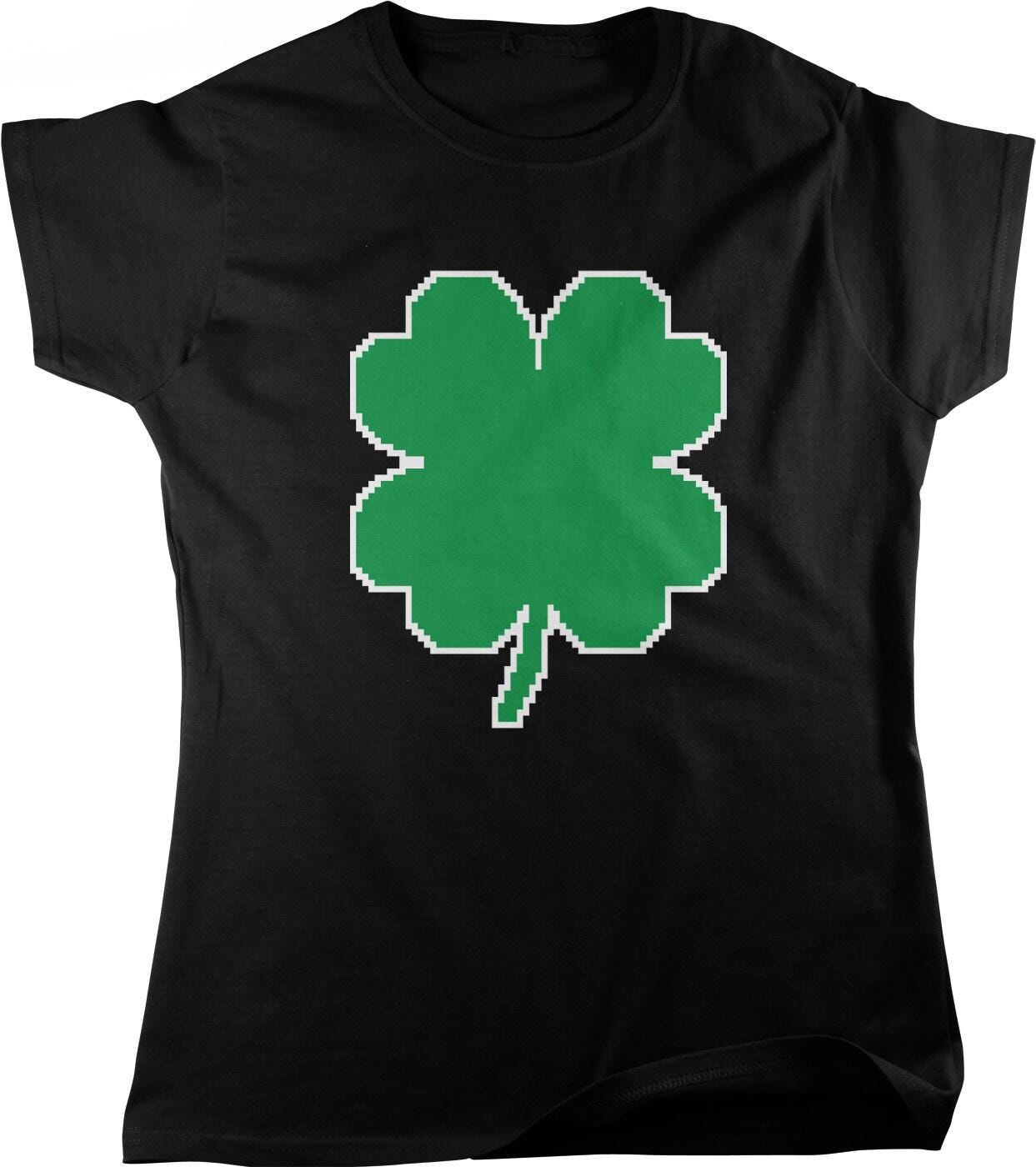 Four Leaf Clover Shirt - Women's Cotton Tee With Pixel Art Clover Design