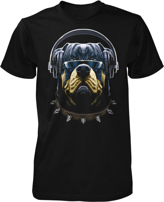 A black t-shirt with a graphic design of a dog wearing headphones and a studded collar.