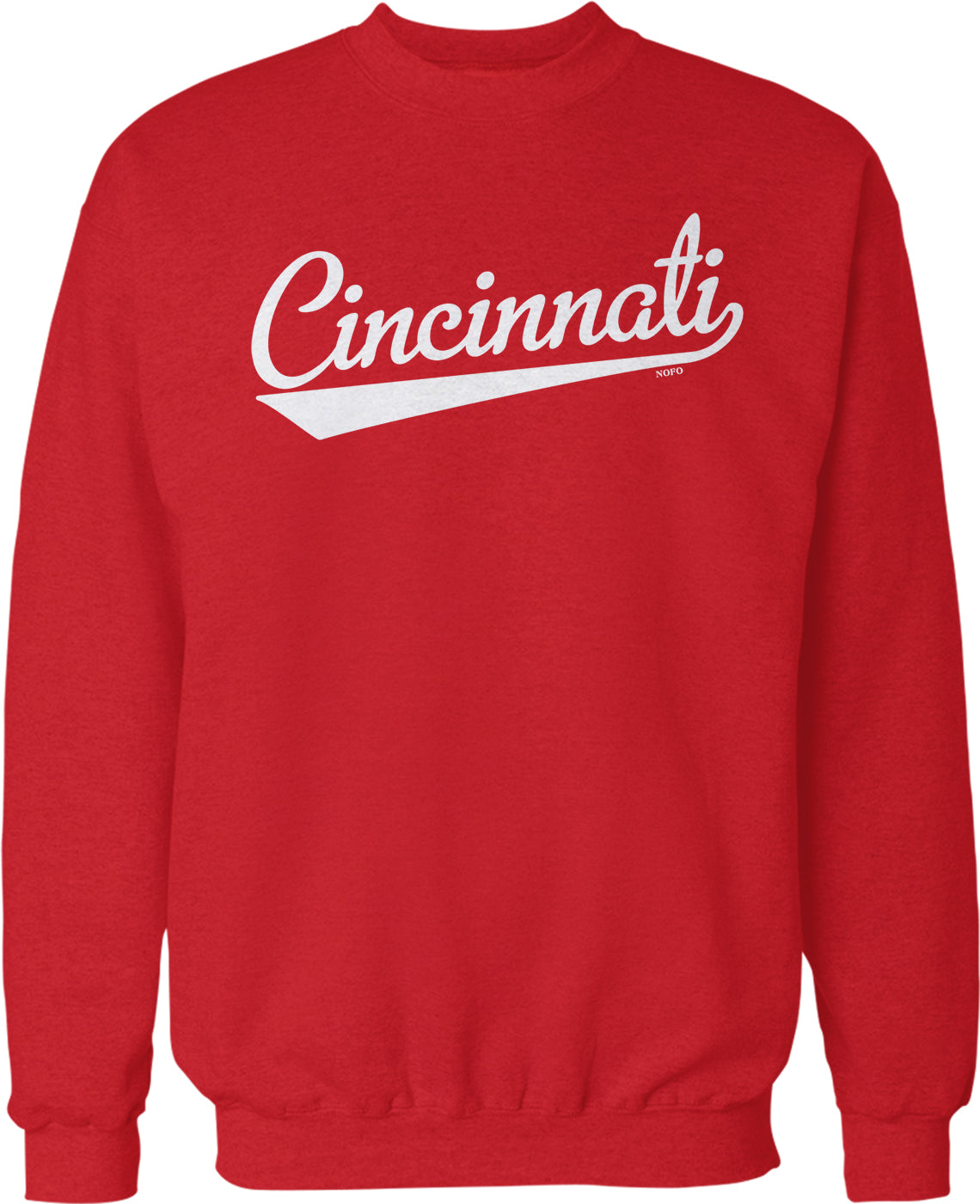 A red sweatshirt with the word "Cincinnati" printed in white on the front.