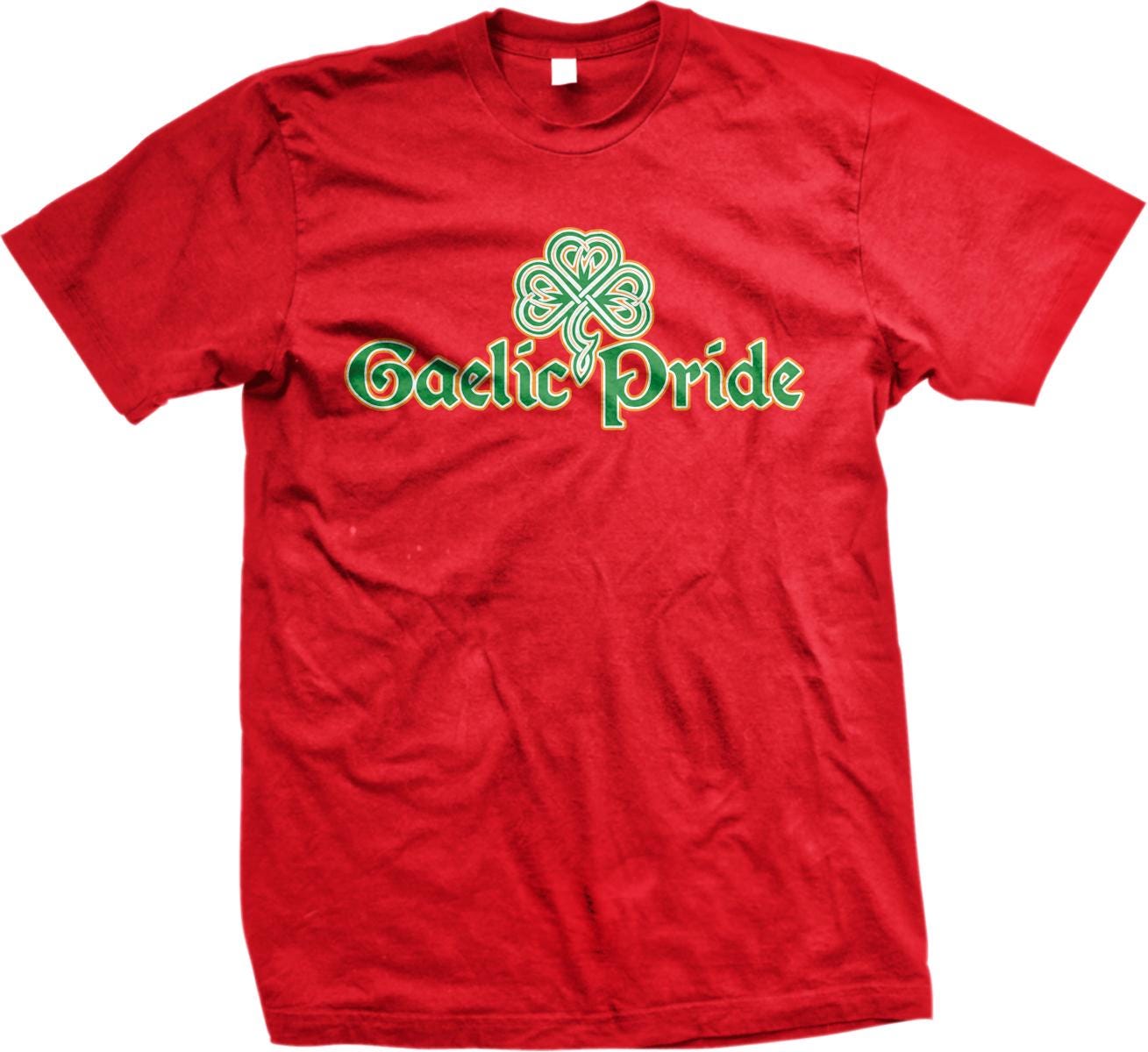 A red t-shirt with the text "Gaelic Pride" printed on it.