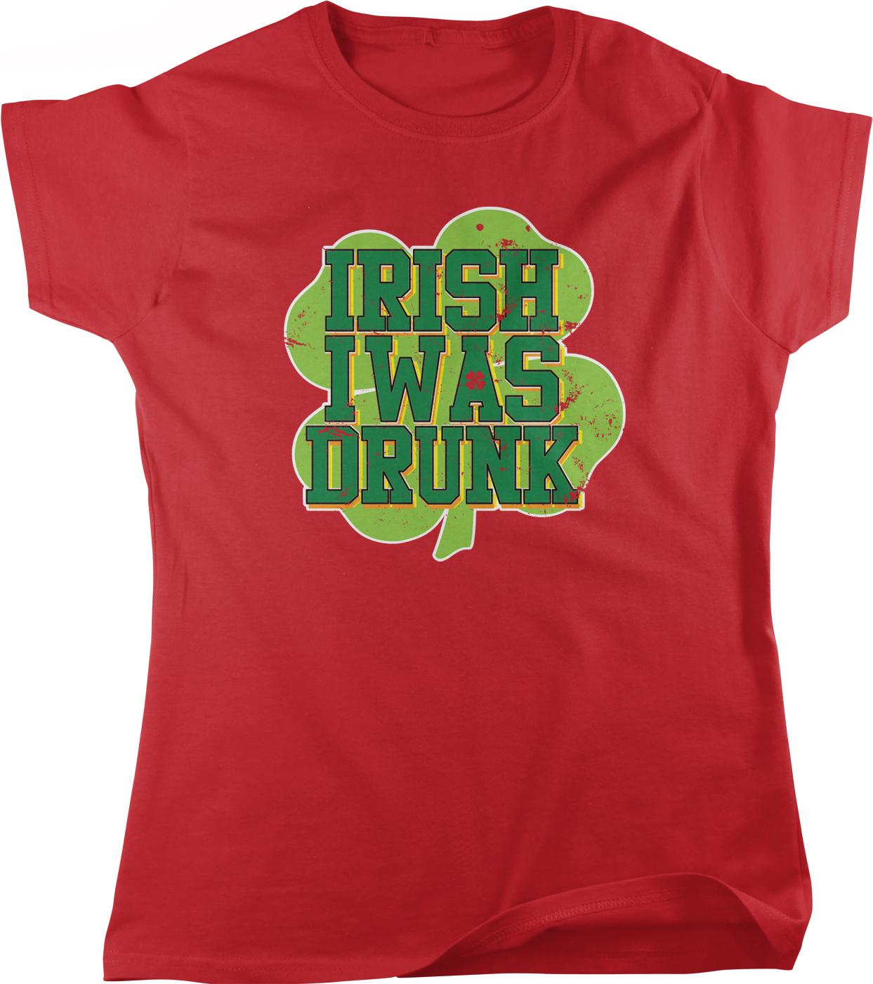A red t-shirt with a graphic design featuring the text "IRISH WAS DRINK" in a stylized font, with a shamrock symbol in the center.