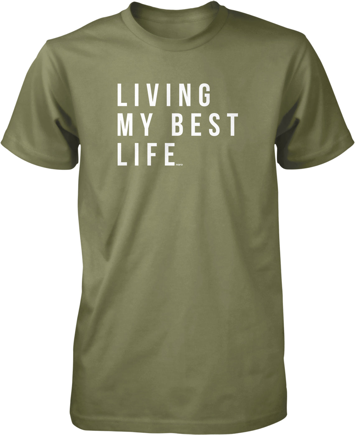 A green t-shirt with the text "LIVING MY BEST LIFE" printed on it.