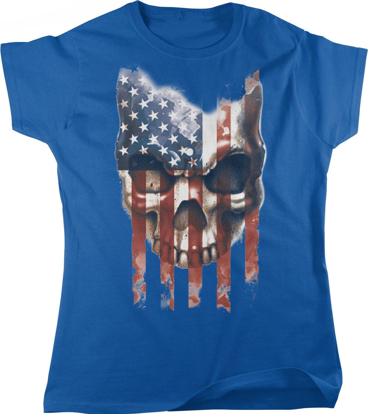 American Flag T-Shirt - Women's Patriotic Skull Tee With Freedom Flag Design