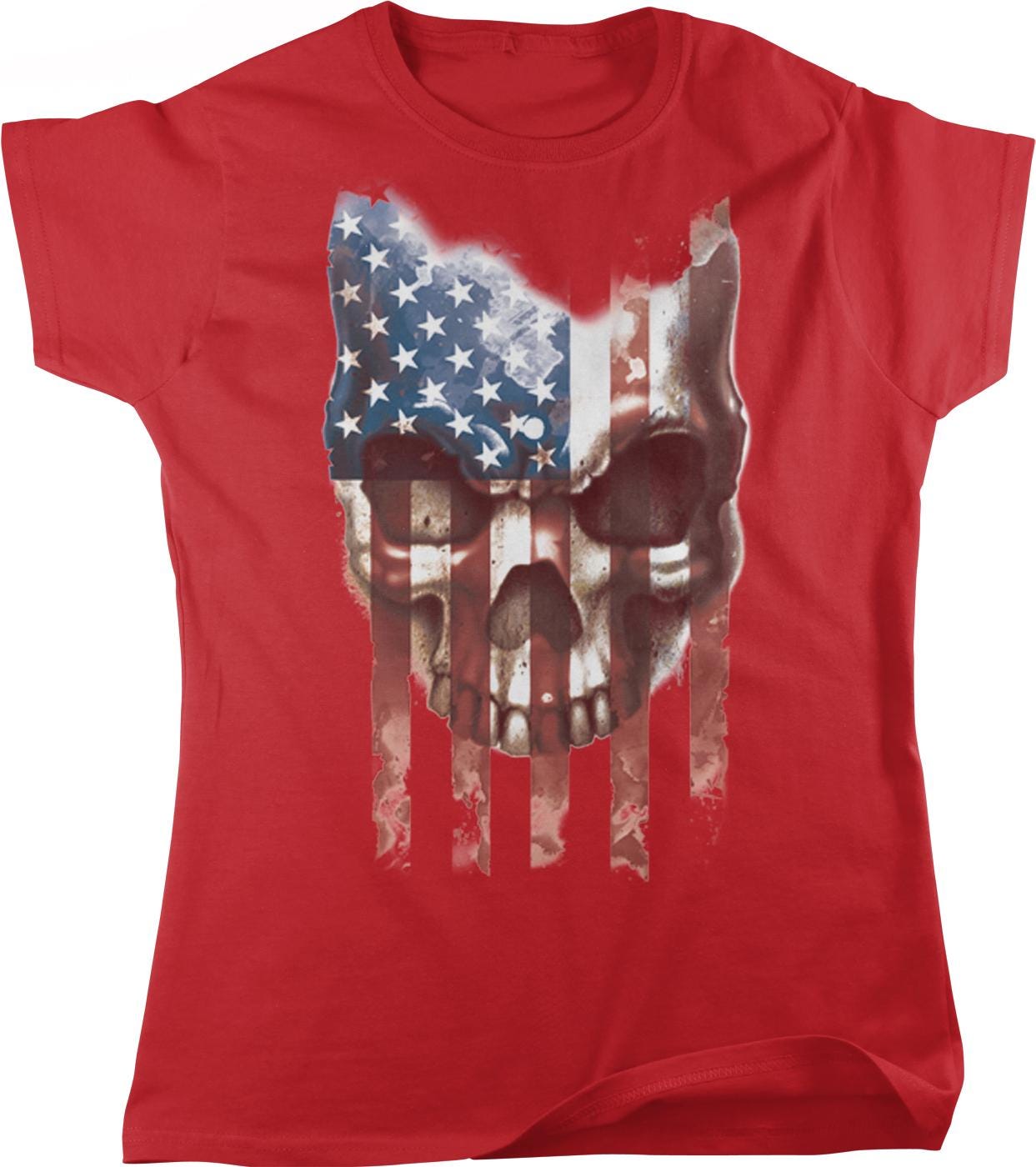 A red t-shirt with a skull design featuring an American flag pattern.