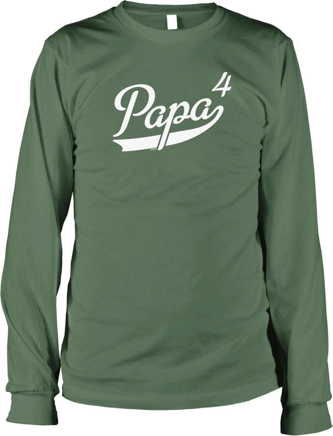 A green long-sleeved shirt with the text "Papa 4" printed on it in white.