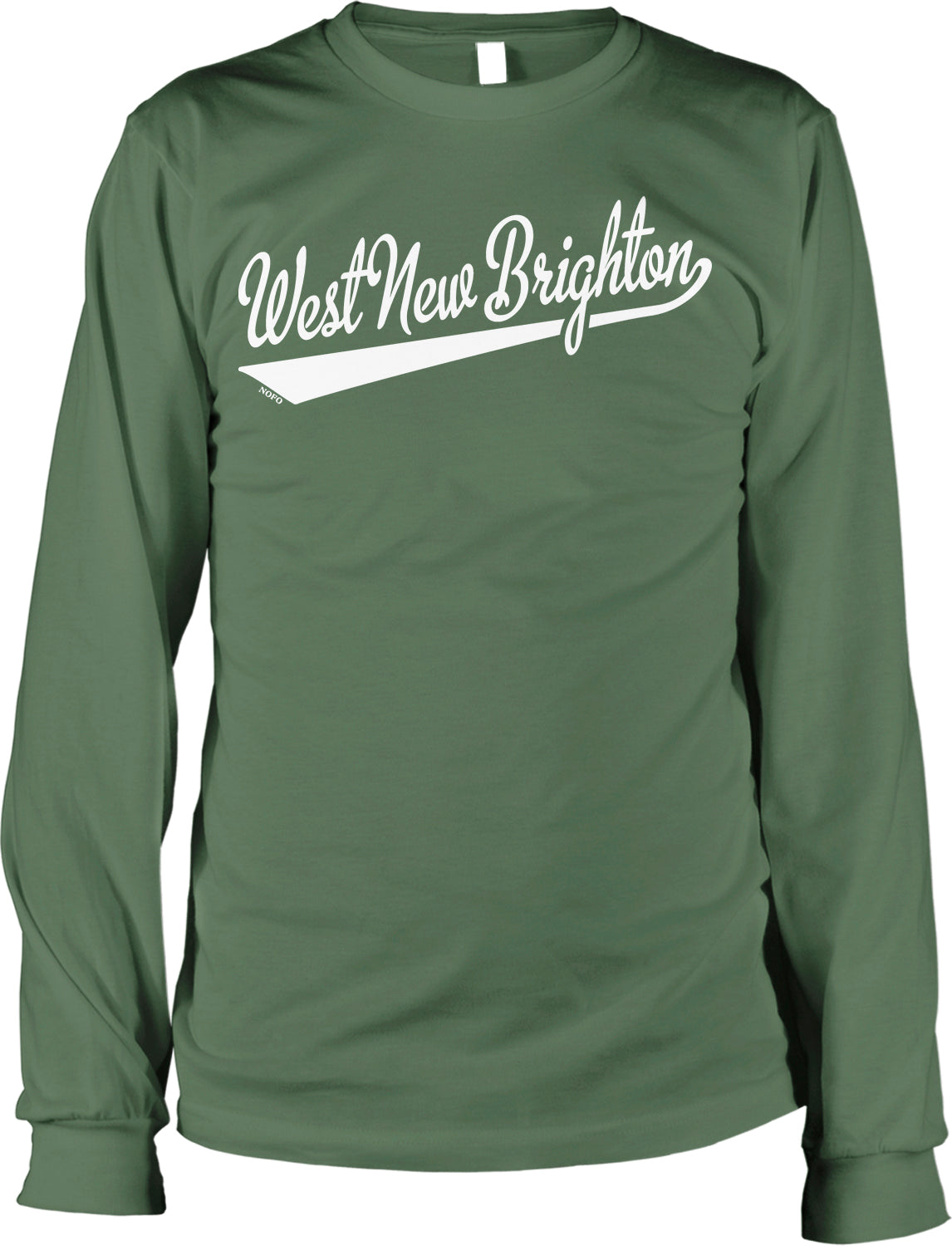 A green long-sleeved t-shirt with the text "West New Brighton" printed on it in white lettering.