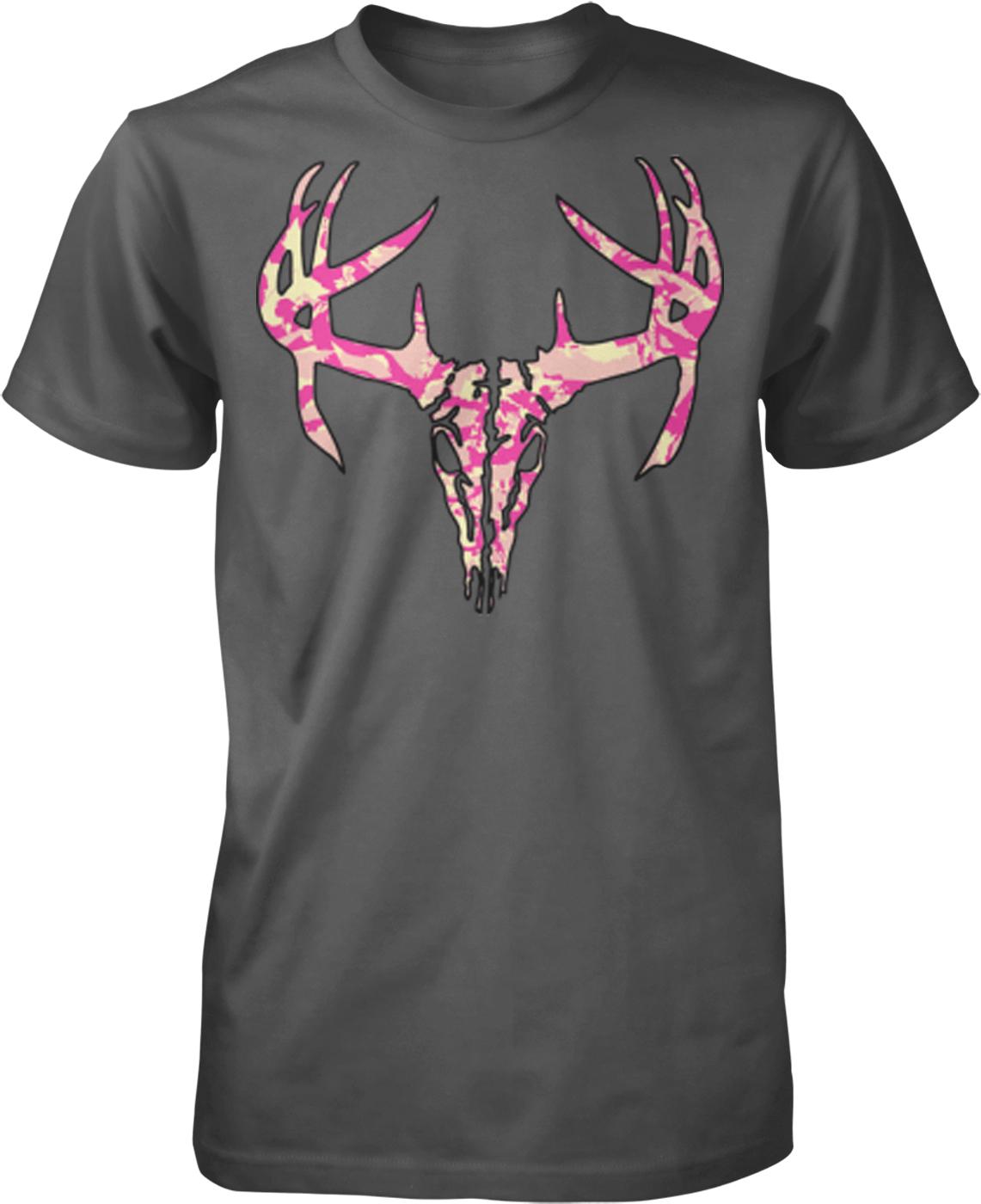 A gray t-shirt with a graphic design of a deer skull and antlers in pink and white colors.