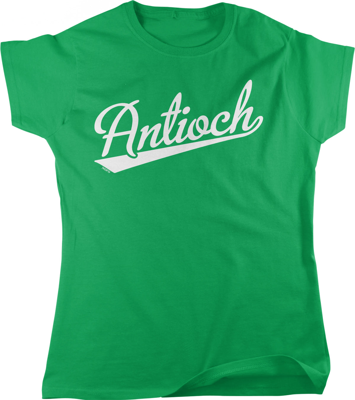 A bright green t-shirt with the word "Antioch" printed on it in white text.