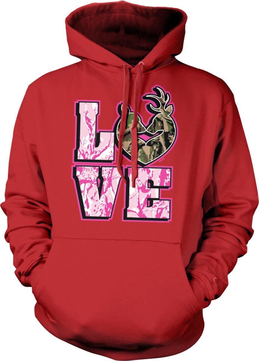 A red hoodie with a graphic design featuring the word "LOVE" in pink and green colors, along with a deer silhouette.