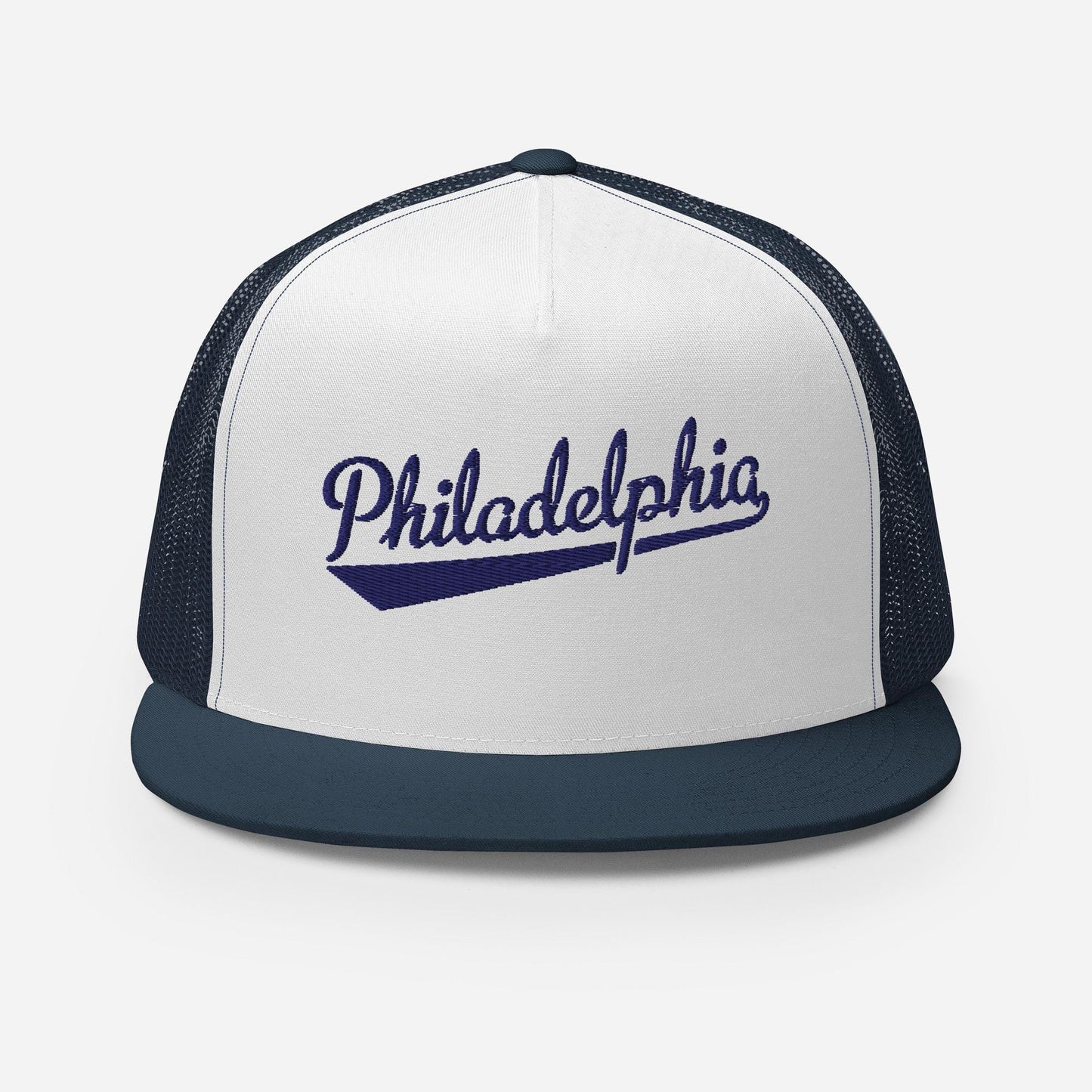 A black baseball cap with the word "PhiladELPHIA" printed in red on the front.