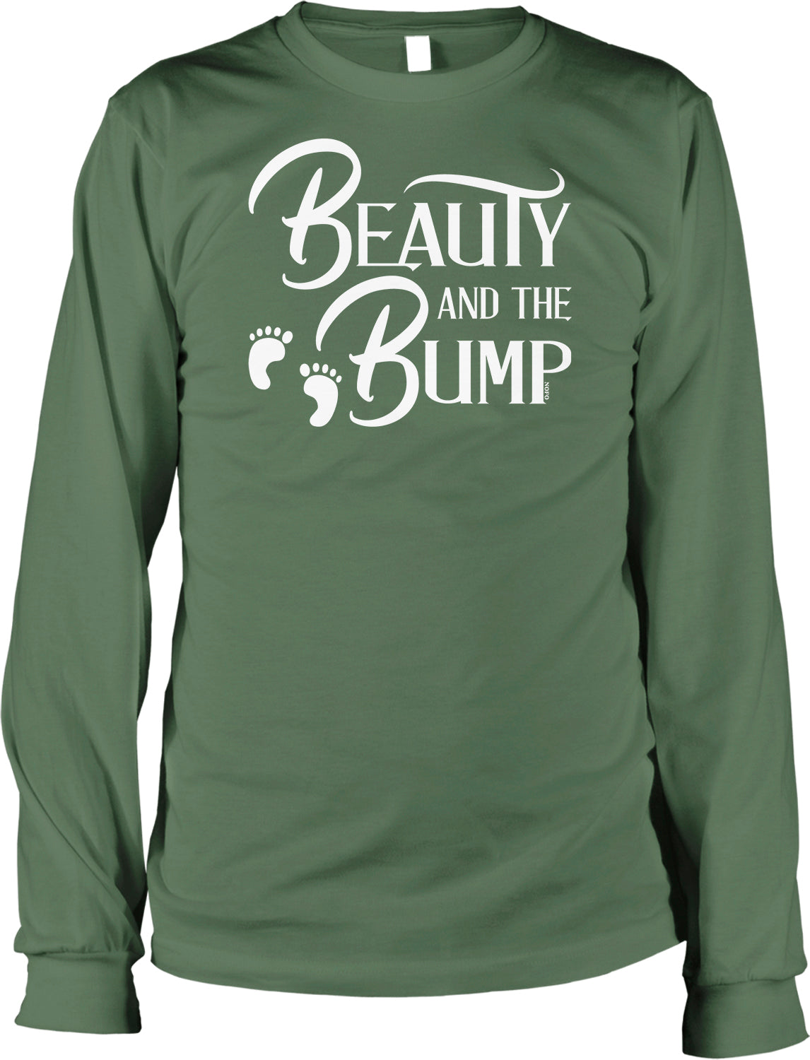 A green long-sleeved t-shirt with white text that reads "Beauty and the Bump".