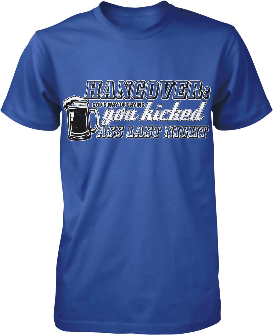 A blue t-shirt with a humorous text and graphic design.