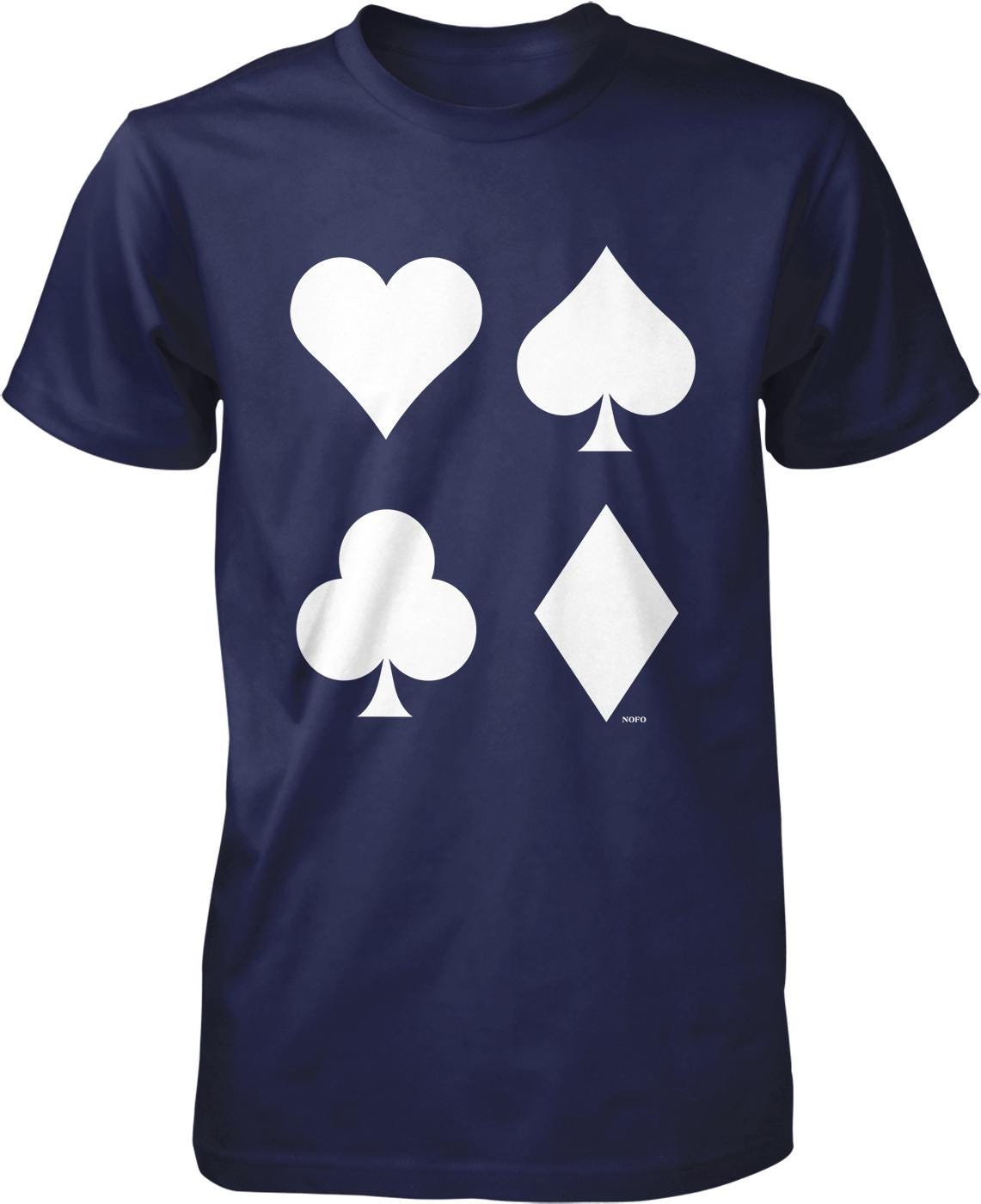 A navy blue t-shirt with four white playing card symbols printed on it.