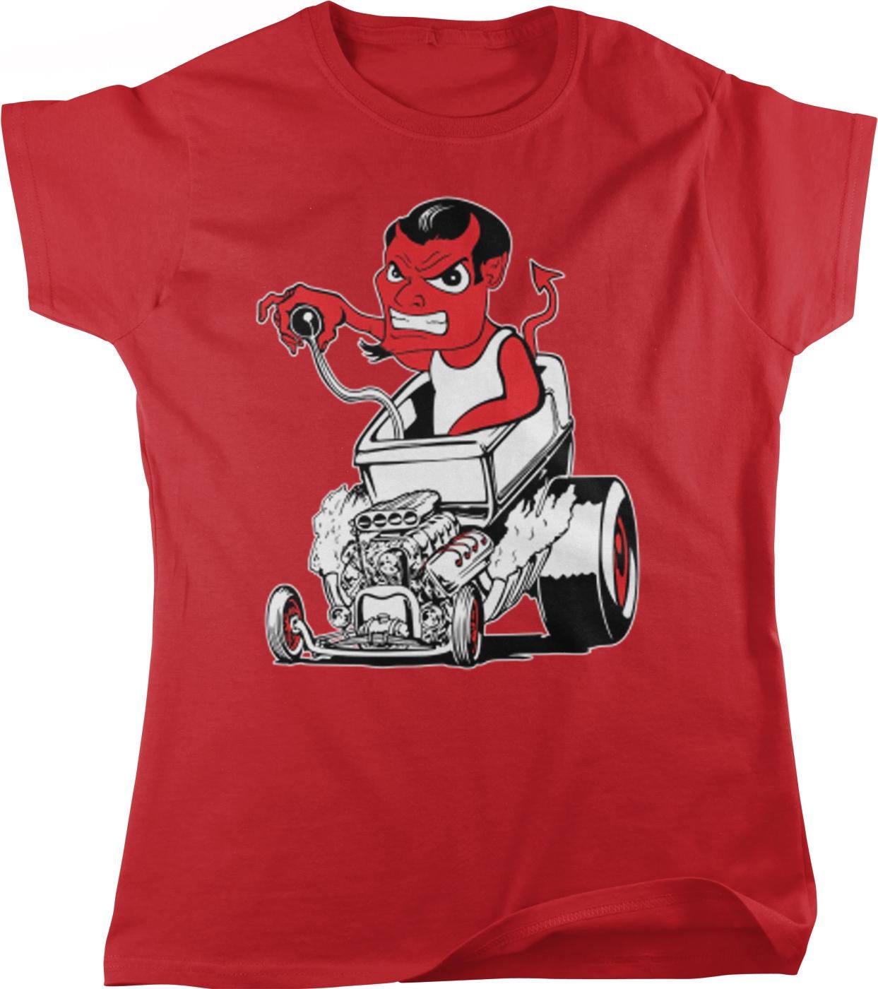 A red t-shirt with a cartoon image of a devil-like character sitting in a car with a large engine.