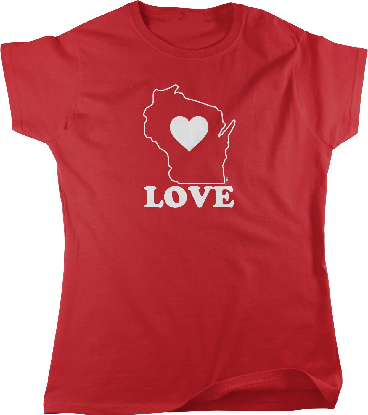 A red t-shirt with a white graphic design of the state of Wisconsin and the word "LOVE" printed on it.