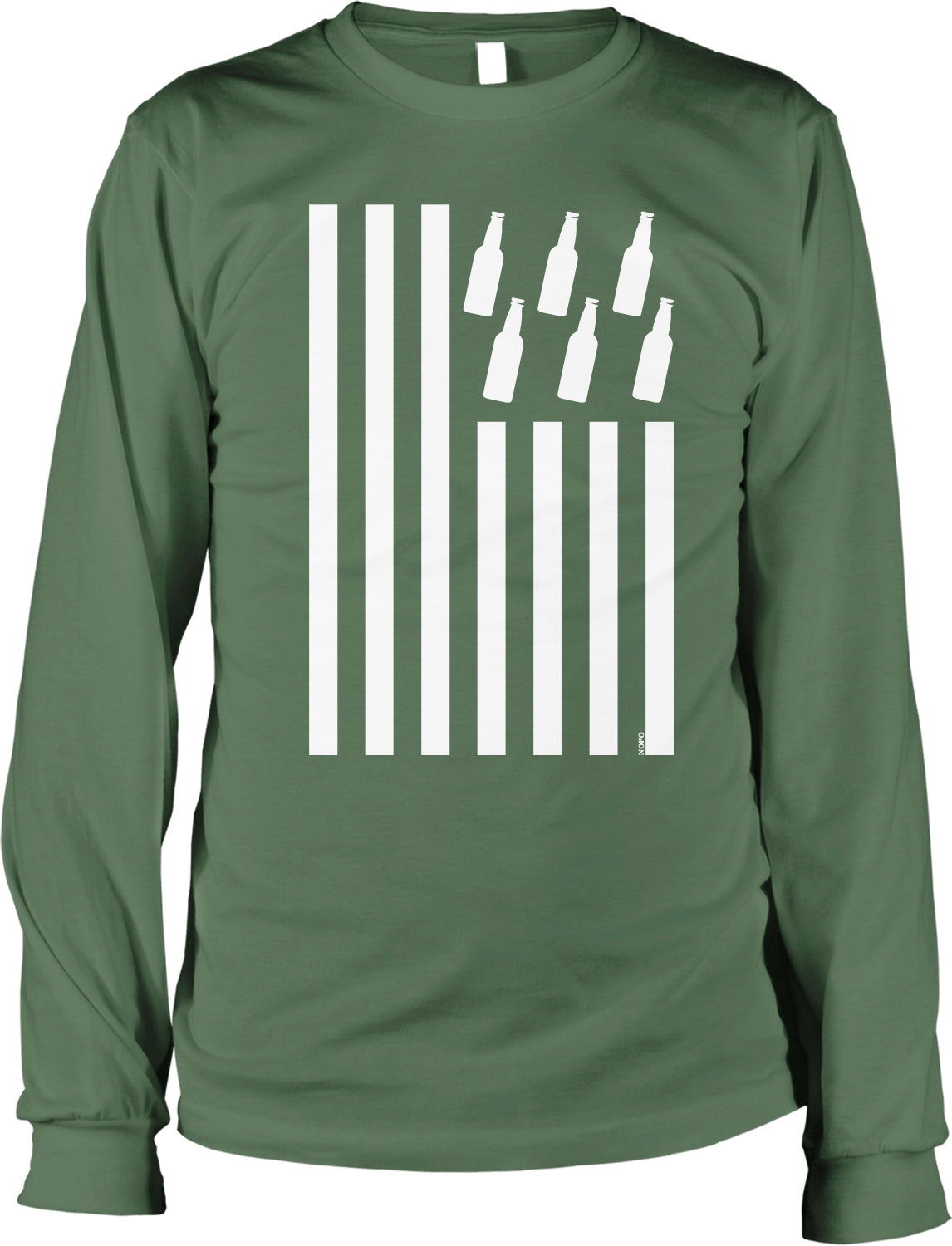 A green long-sleeved t-shirt with a white graphic design depicting a flag with a row of white vertical lines and a row of white horizontal lines, each containing a small white bottle icon.