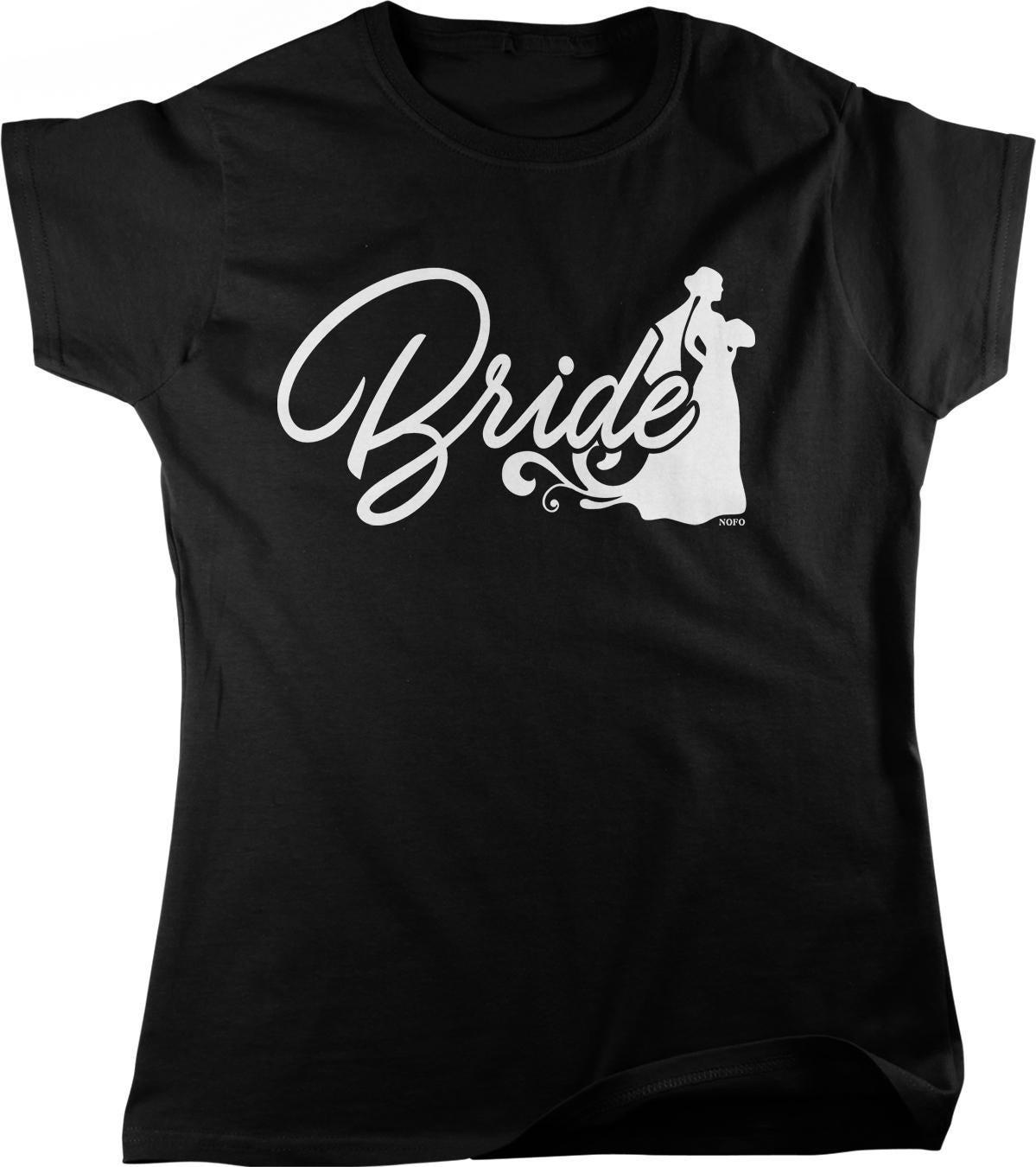 A black t-shirt with the word "Bride" printed in white text.