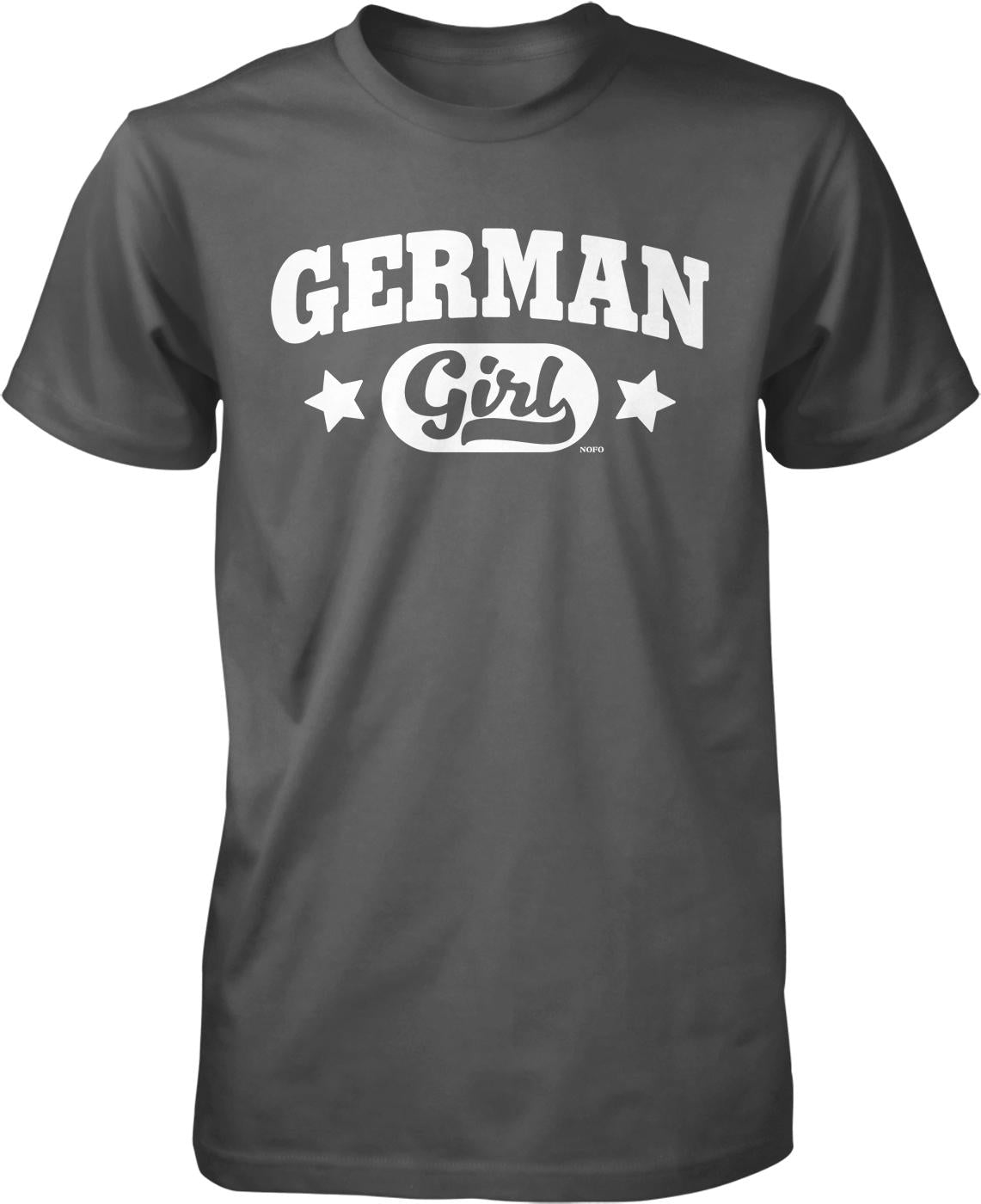 A gray t-shirt with the text "GERMAN GIRL" printed on it in white letters.
