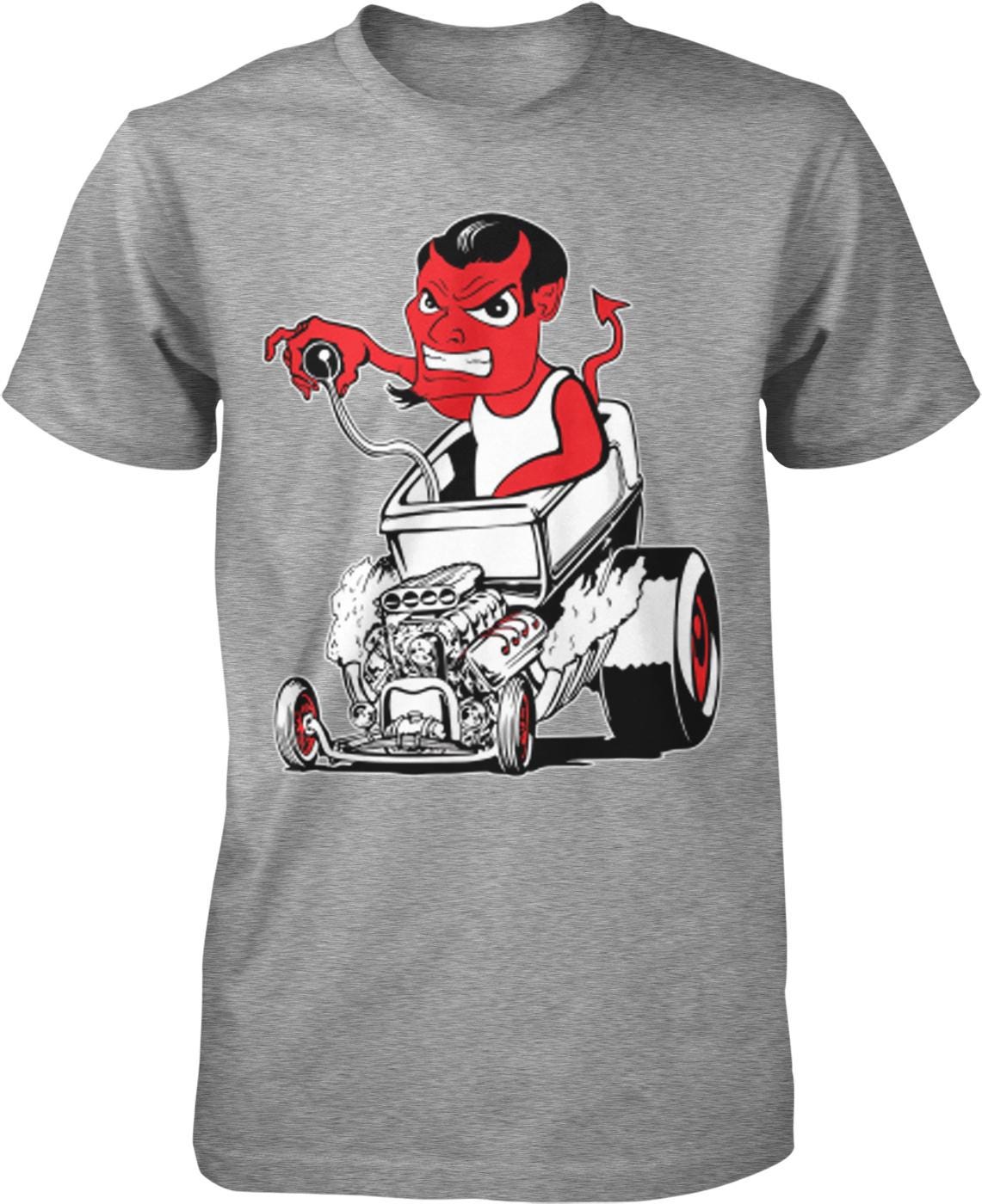 A gray t-shirt with a graphic design depicting a red devil-like character sitting in a car with a large engine.