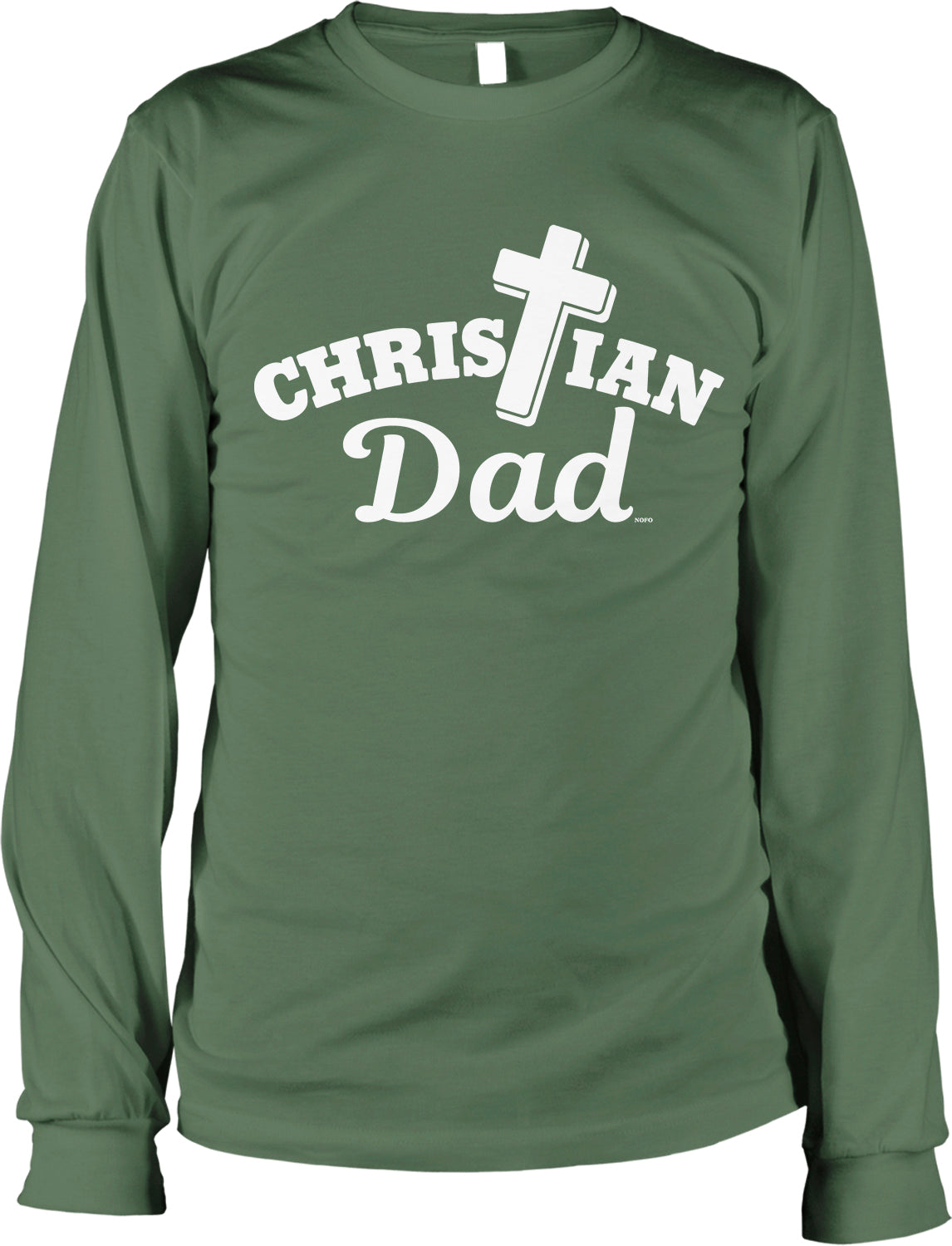 A green long-sleeved t-shirt with the text "CHRISTIAN DAD" printed on it in white letters.