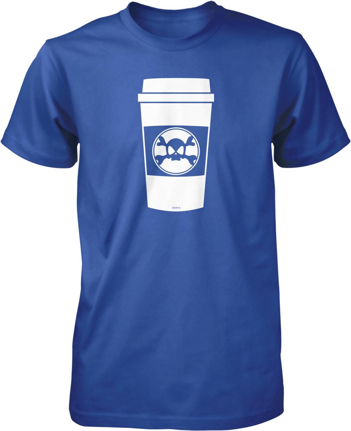 A blue t-shirt with a white coffee cup graphic printed on it.