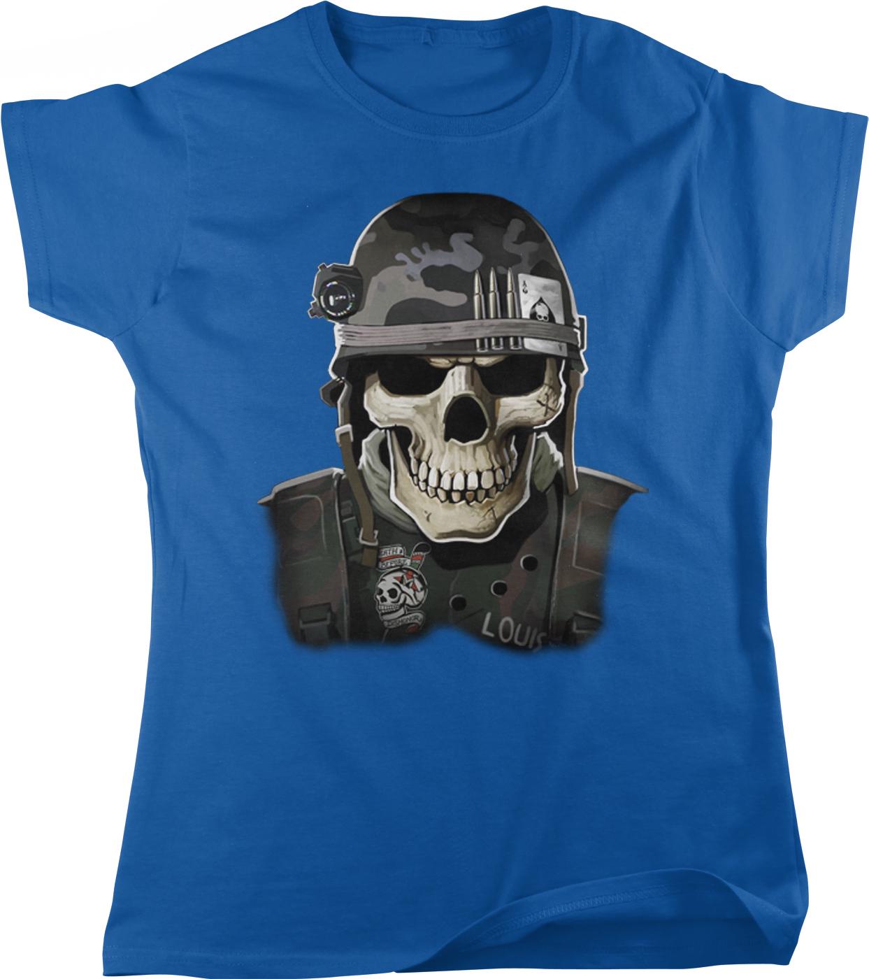 A blue t-shirt with a graphic design depicting a skull wearing a military-style helmet and carrying a badge.