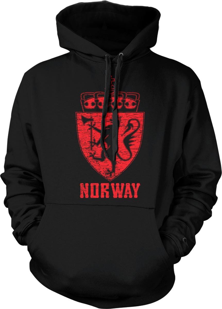 A black hoodie with a red graphic design depicting a shield with a crown and the text "NORWAY" below it.