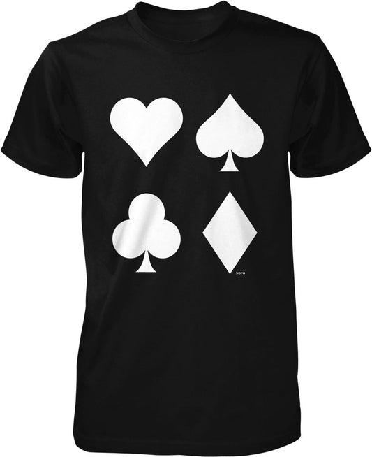 A black t-shirt with four white playing card symbols printed on it.