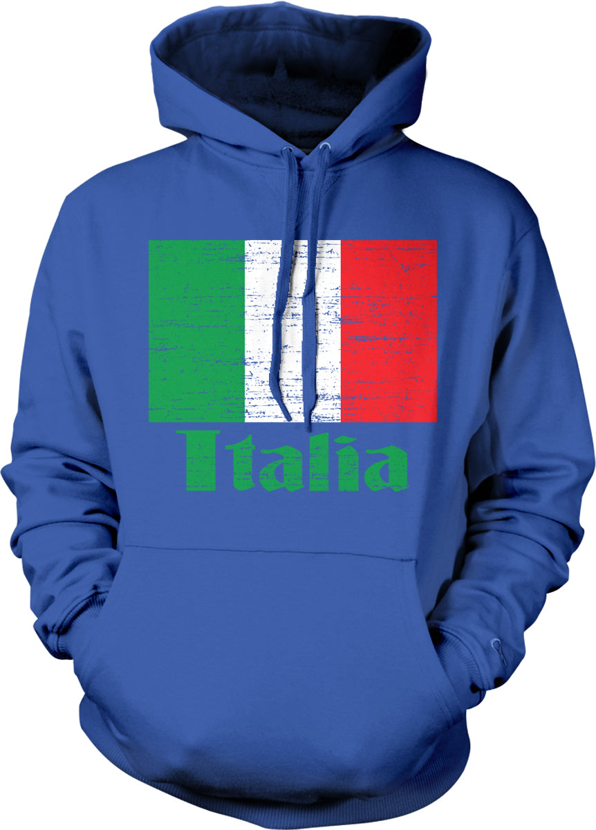 A blue hoodie with the word "Italia" printed on it, along with the Italian flag design.