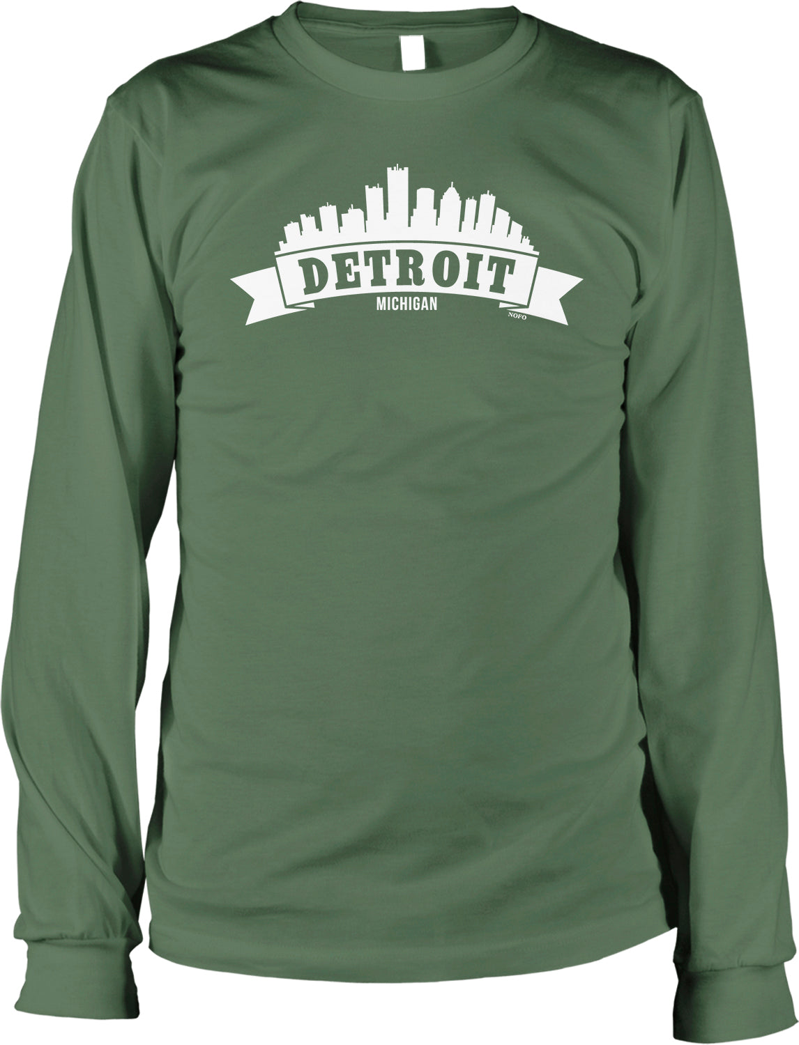 A long-sleeved green t-shirt with a graphic design featuring the skyline of Detroit, Michigan.
