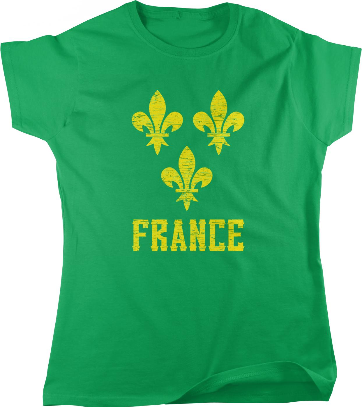 A green t-shirt with a yellow fleur-de-lis design and the word "FRANCE" printed on it.