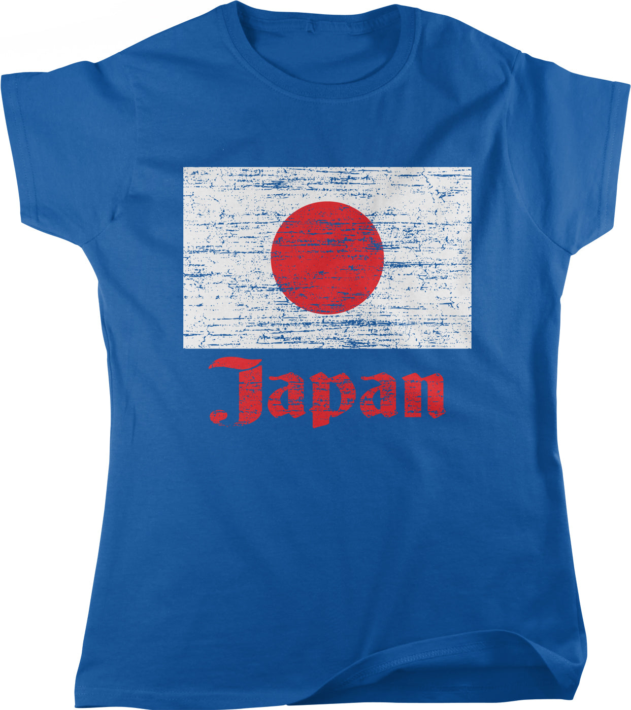 A blue t-shirt with a graphic design depicting the flag of Japan and the word "Japan" written below it.