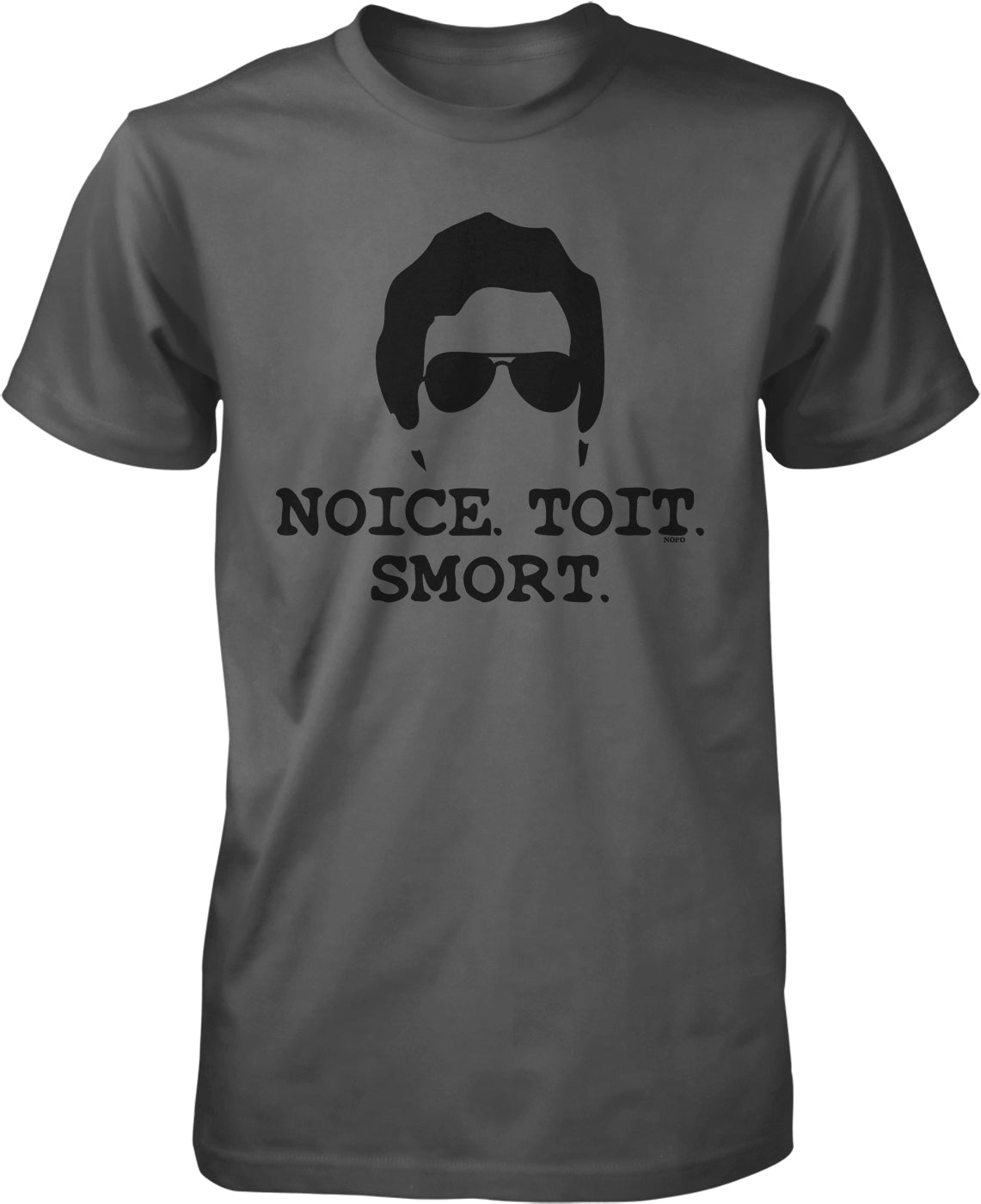 A gray t-shirt with a black graphic design depicting a person's face wearing sunglasses, and the text "Noise. Toit. Smort." printed below the image.