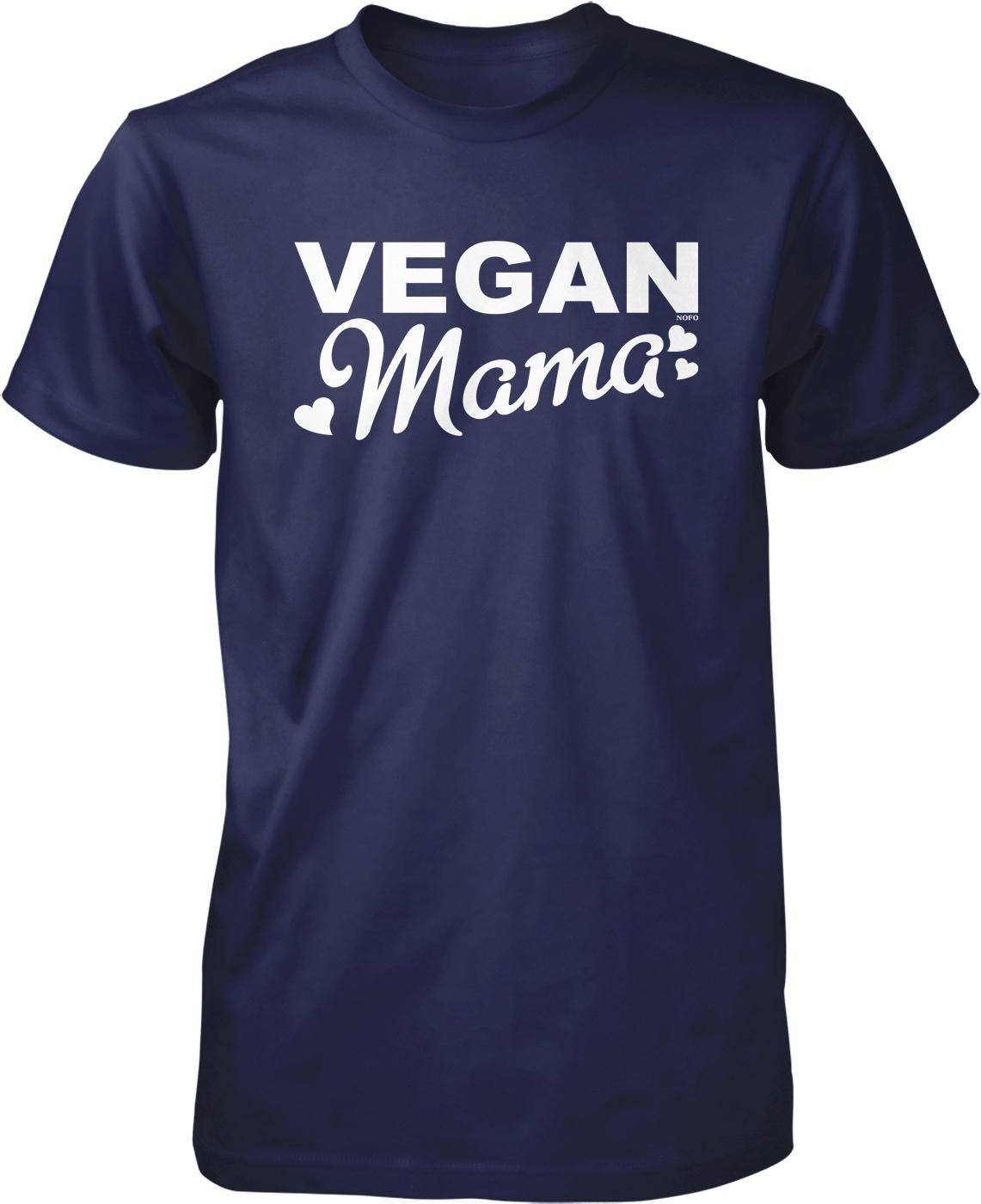 A navy blue t-shirt with the text "VEGAN MAMA" printed on it in white lettering.