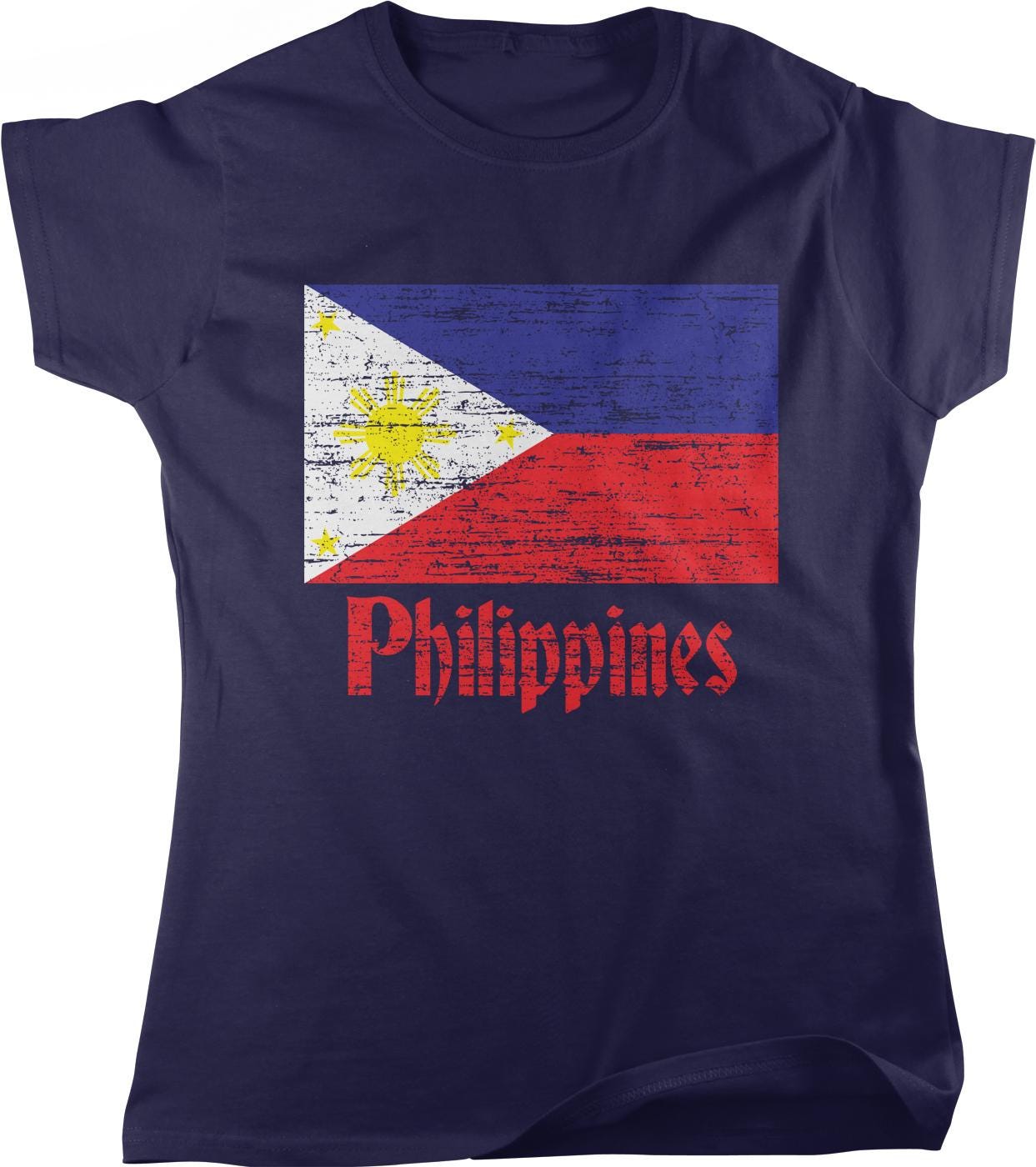 A navy blue t-shirt with a graphic design featuring the flag of the Philippines and the word "Philippines" printed on it.