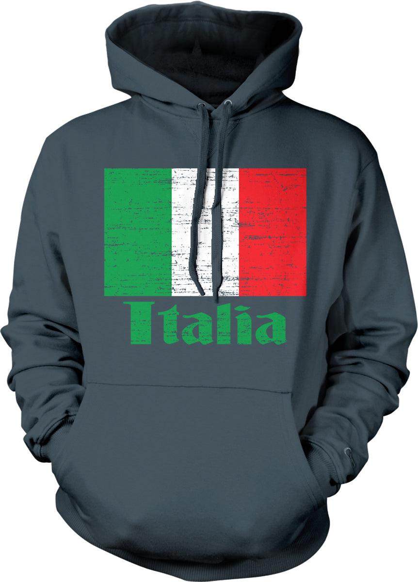A gray hoodie with a graphic of the Italian flag and the word "Italia" printed on it.