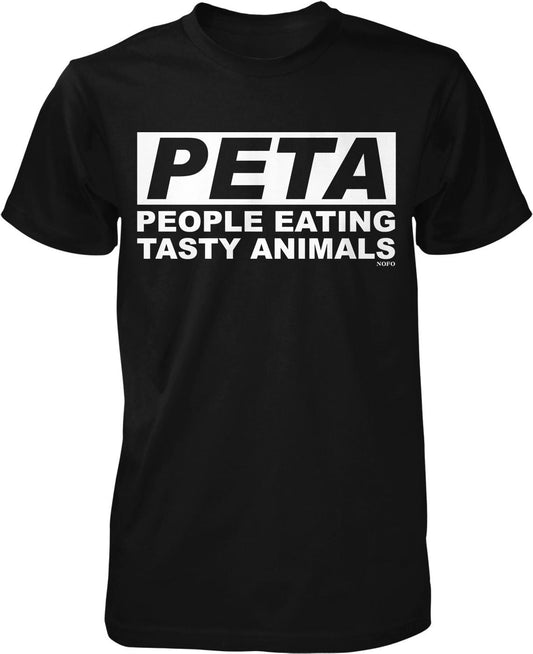 A black t-shirt with white text that reads "PETA PEOPLE EATING TASTY ANIMALS" printed on it.