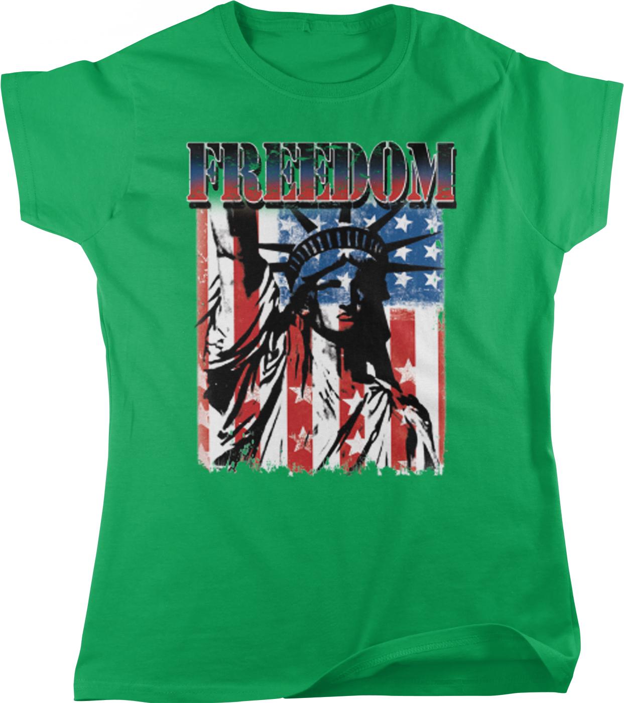 A green t-shirt with a graphic design featuring the Statue of Liberty and the American flag.
