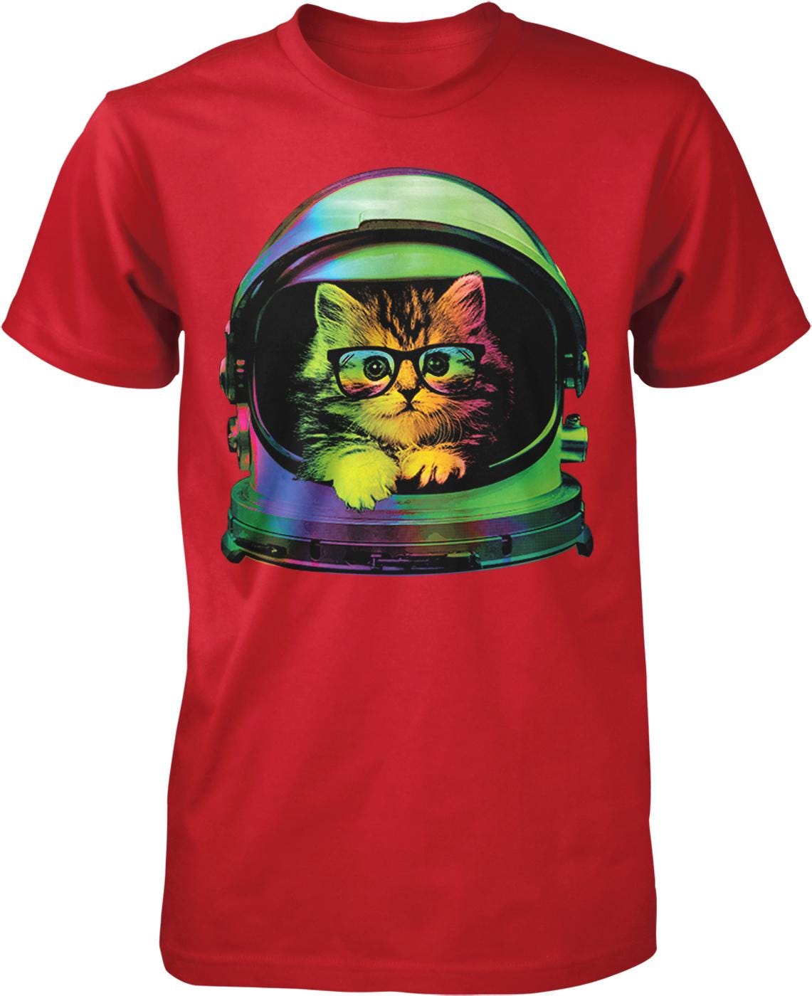 A red t-shirt with a colorful graphic of a cat wearing a space helmet and glasses.