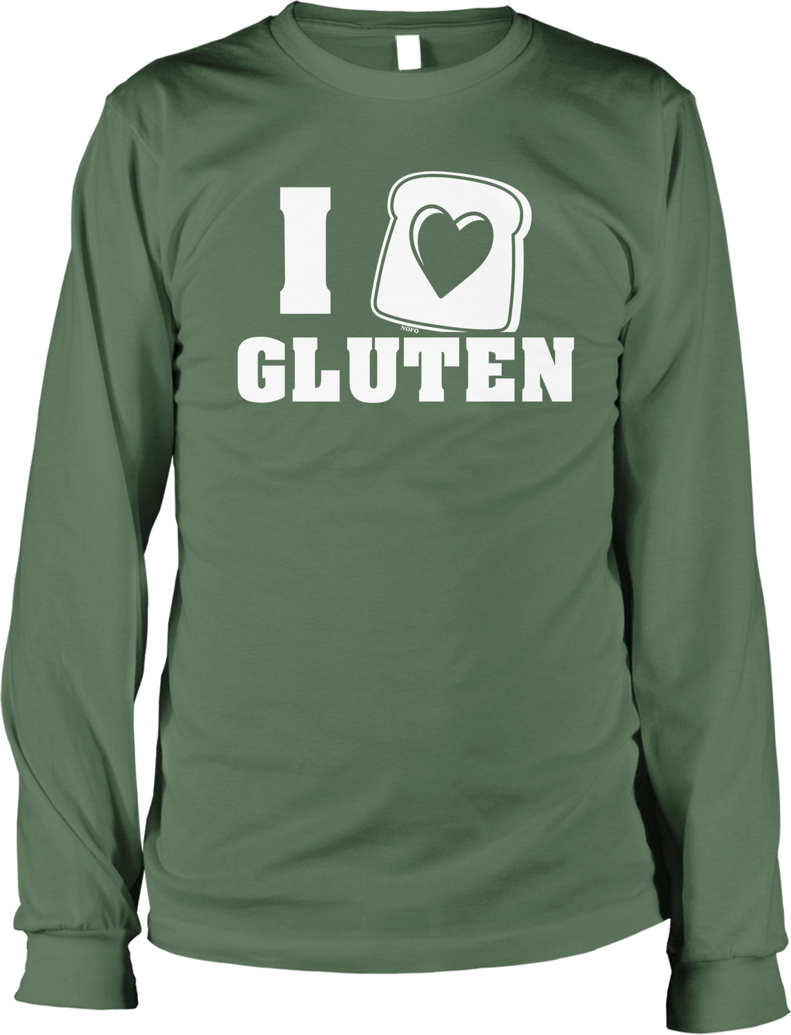 A green long-sleeved t-shirt with the text "I ♥ GLUTEN" printed on it.