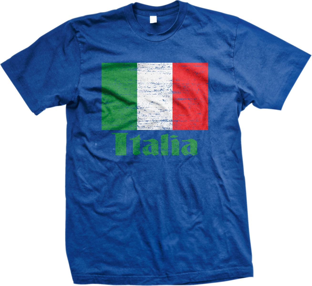 A blue t-shirt with the word "Italia" printed on it, featuring the colors of the Italian flag.