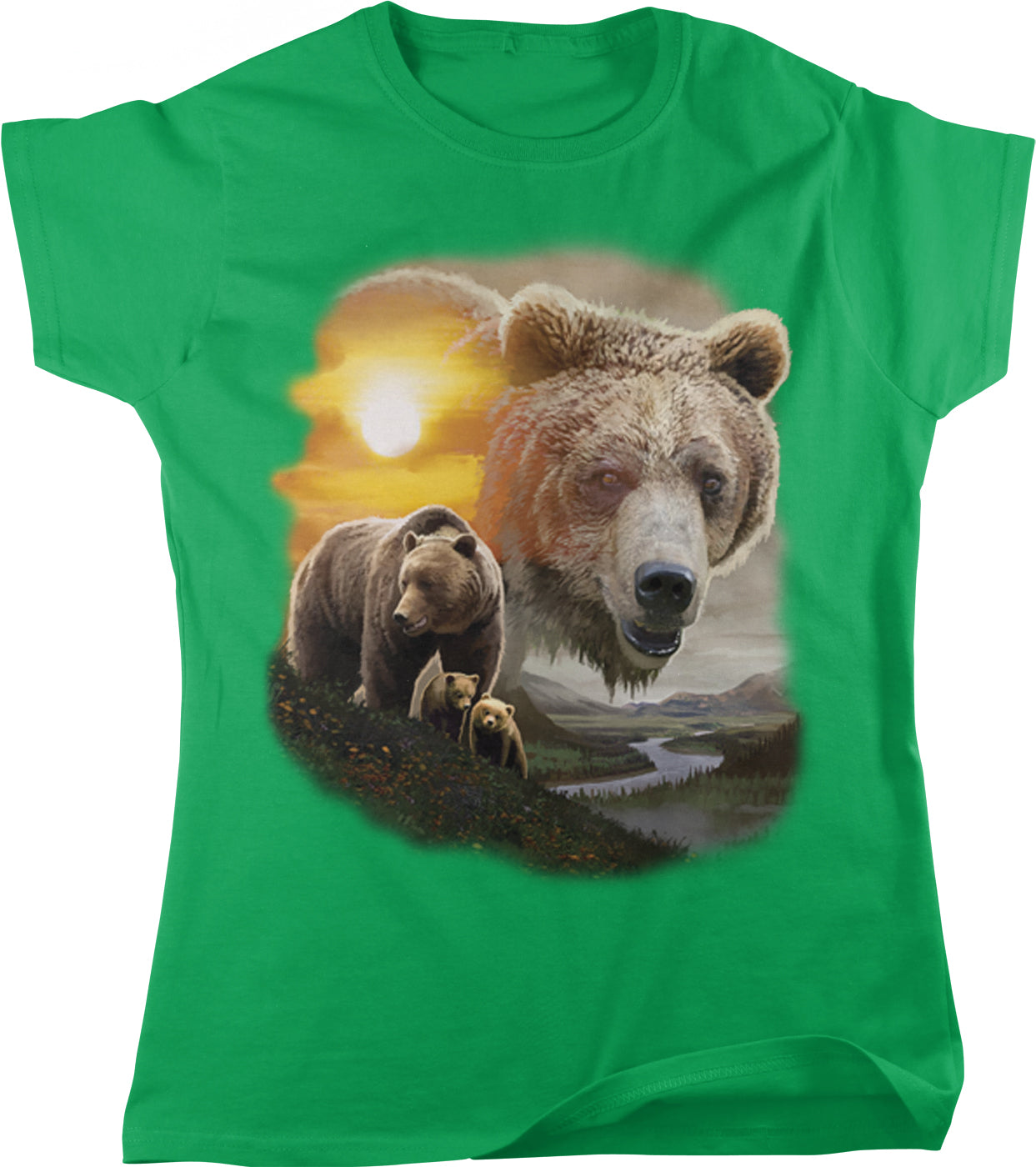 A t-shirt design featuring a large brown bear in the foreground and a smaller bear in the background, set against a scenic landscape with a sunset.